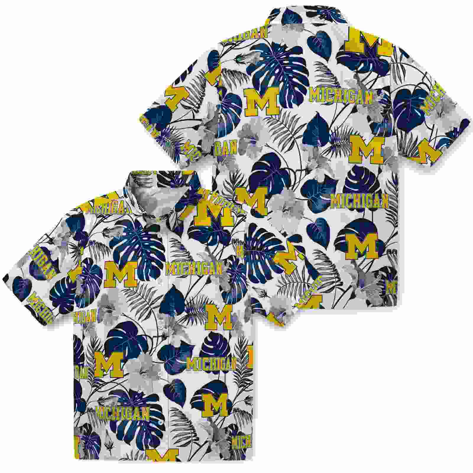 michigan wolverines tropical plants blue white hawaiian shirt high quality