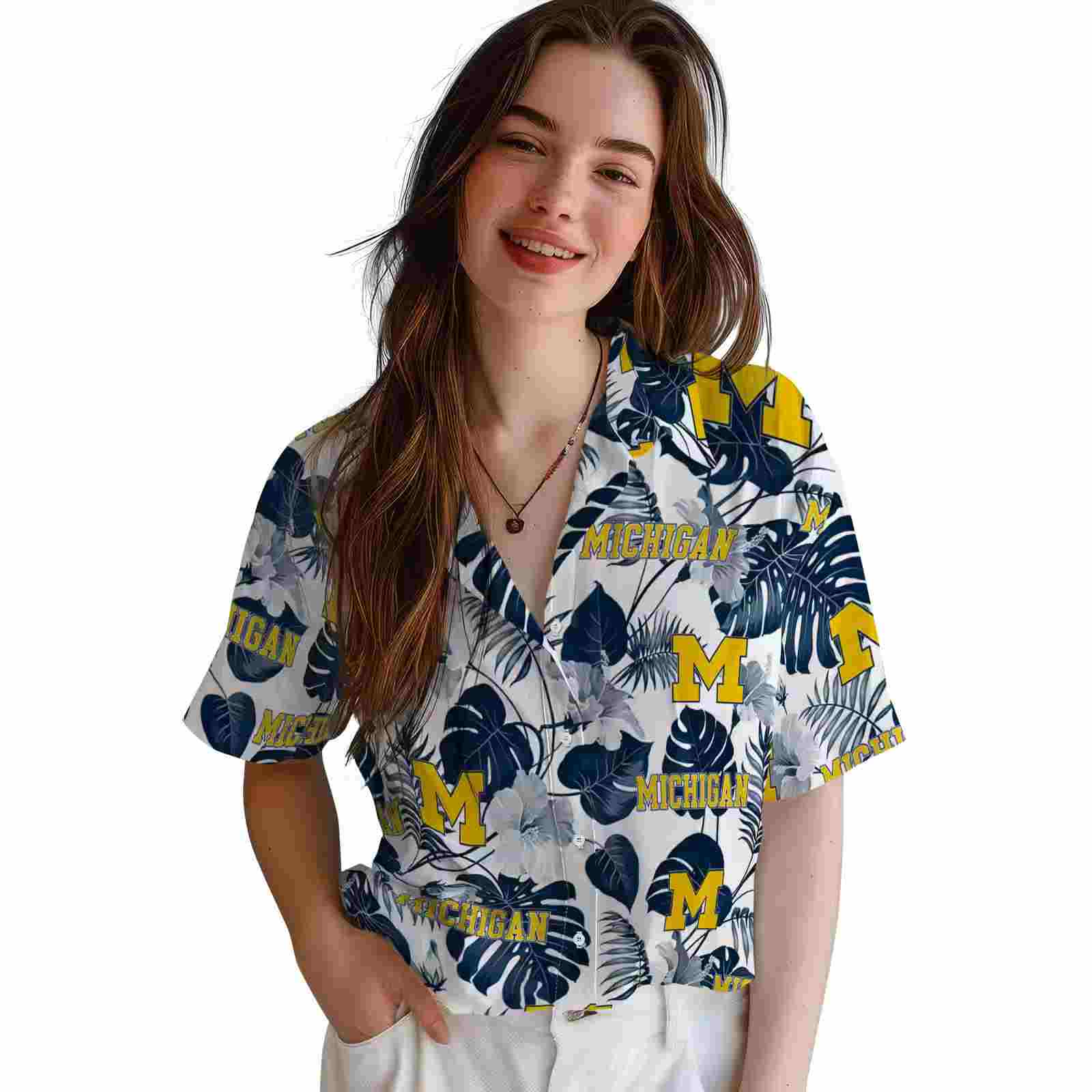 michigan wolverines tropical plants blue white hawaiian shirt latest model