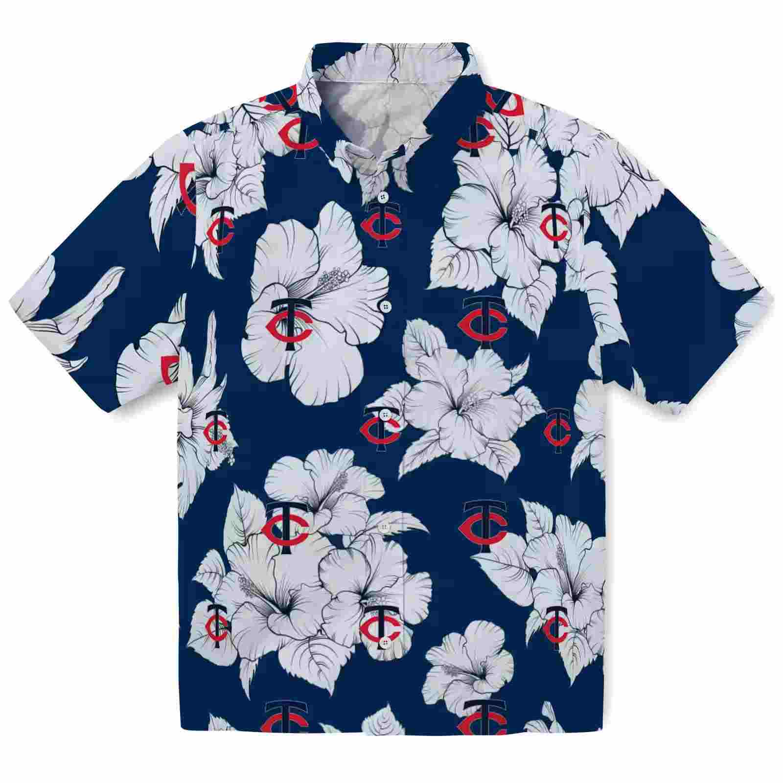 Minnesota Twins Hibiscus Blooms Navy White Hawaiian Shirt