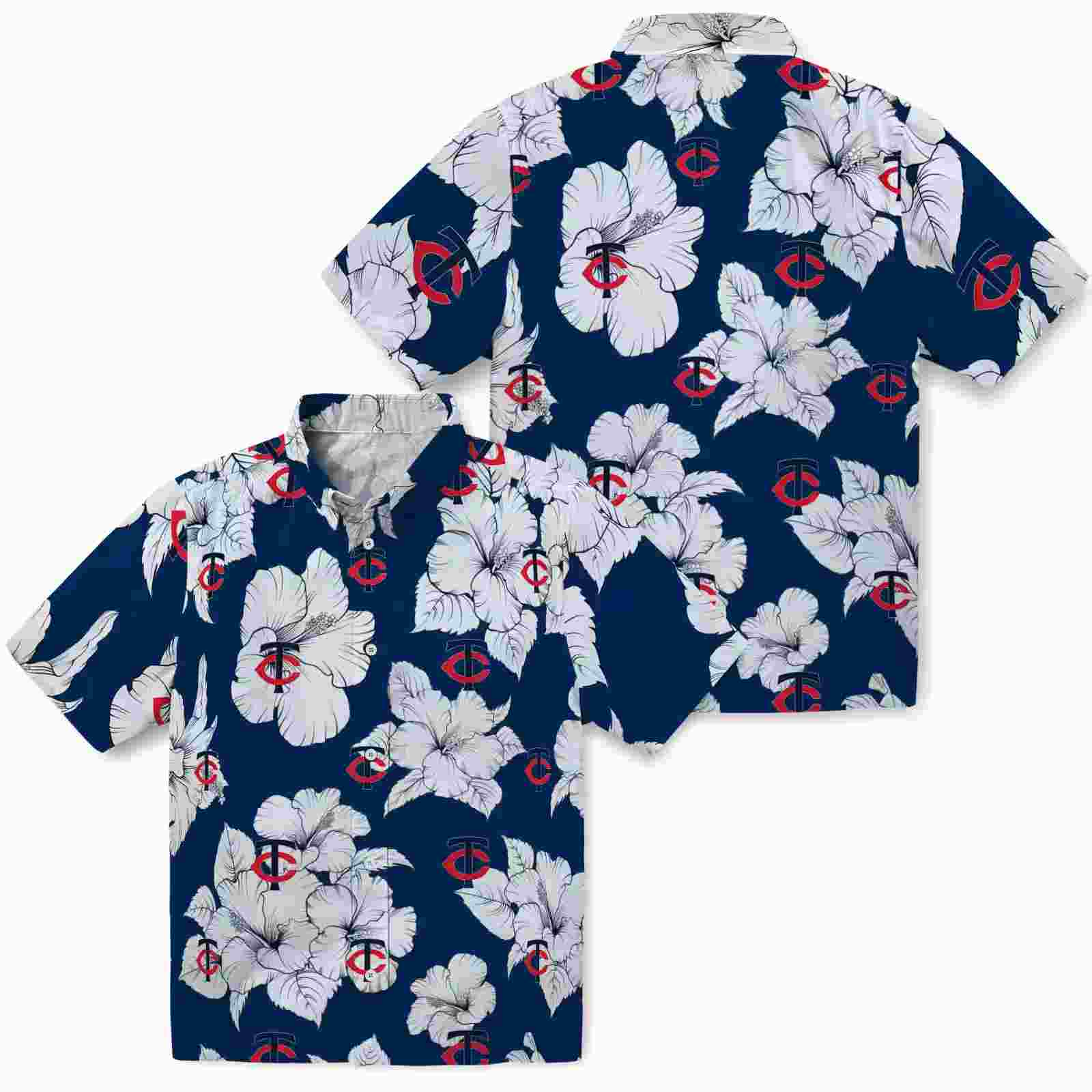 minnesota twins hibiscus blooms navy white hawaiian shirt high quality