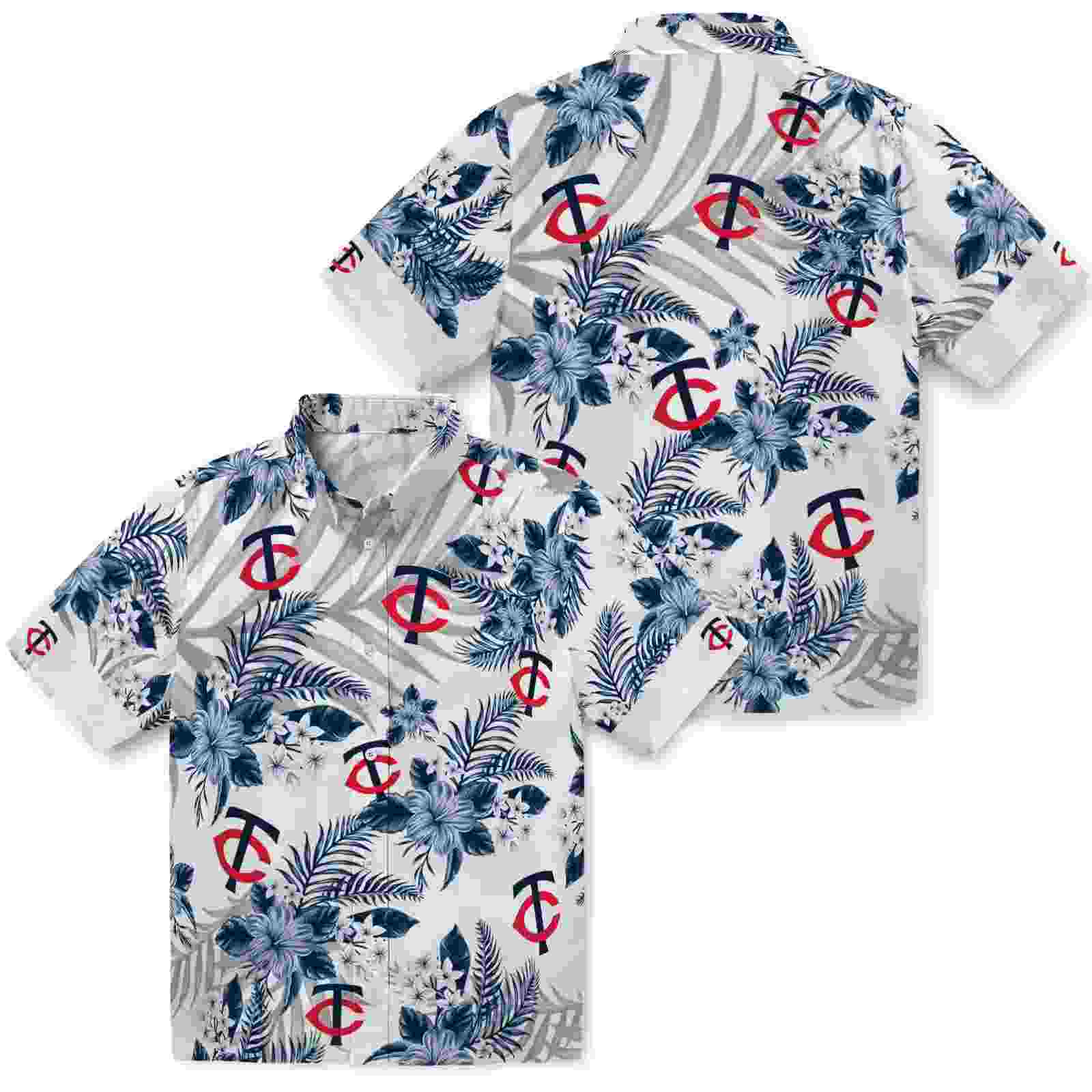 minnesota twins hibiscus palm leaves navy white hawaiian shirt high quality