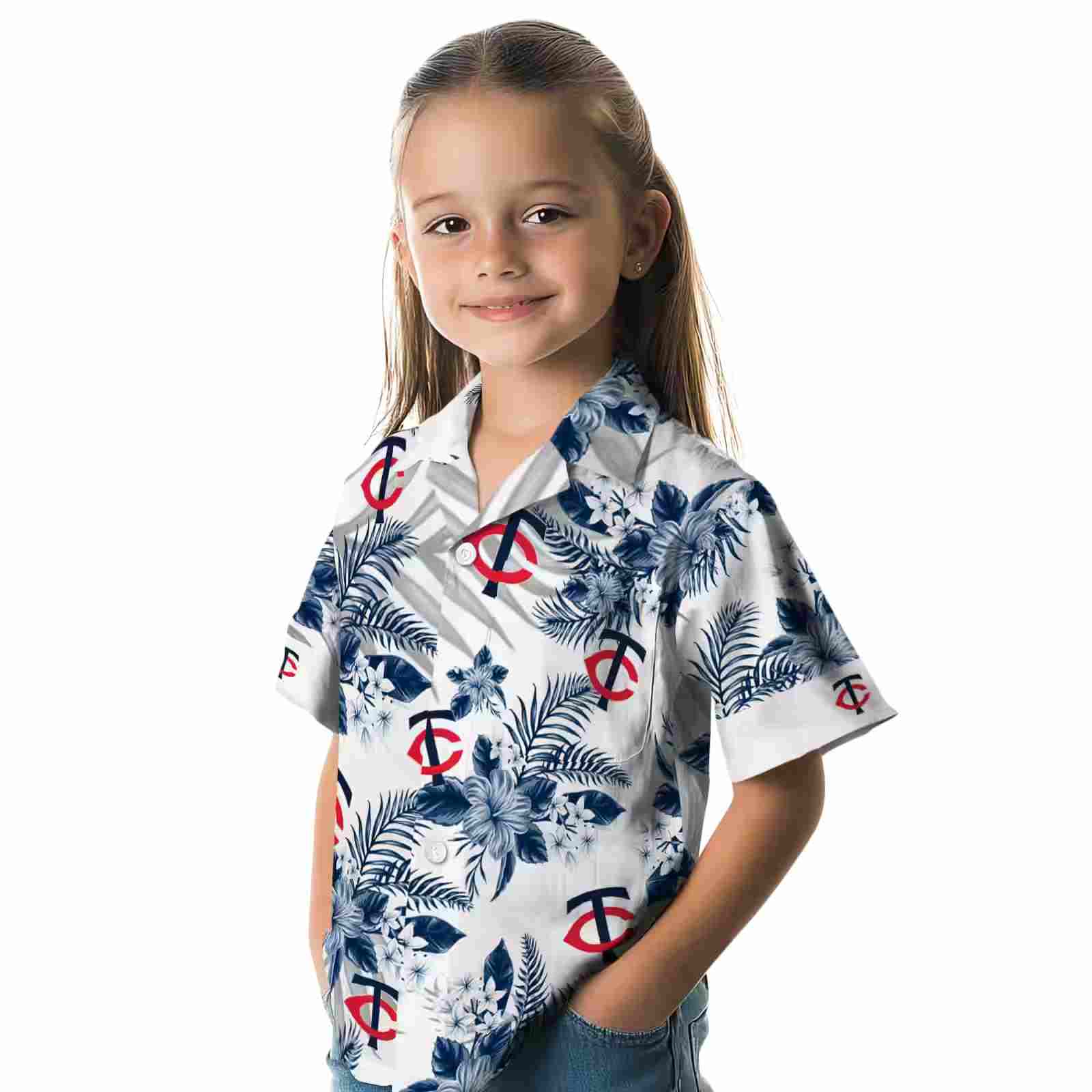 minnesota twins hibiscus palm leaves navy white hawaiian shirt premium grade