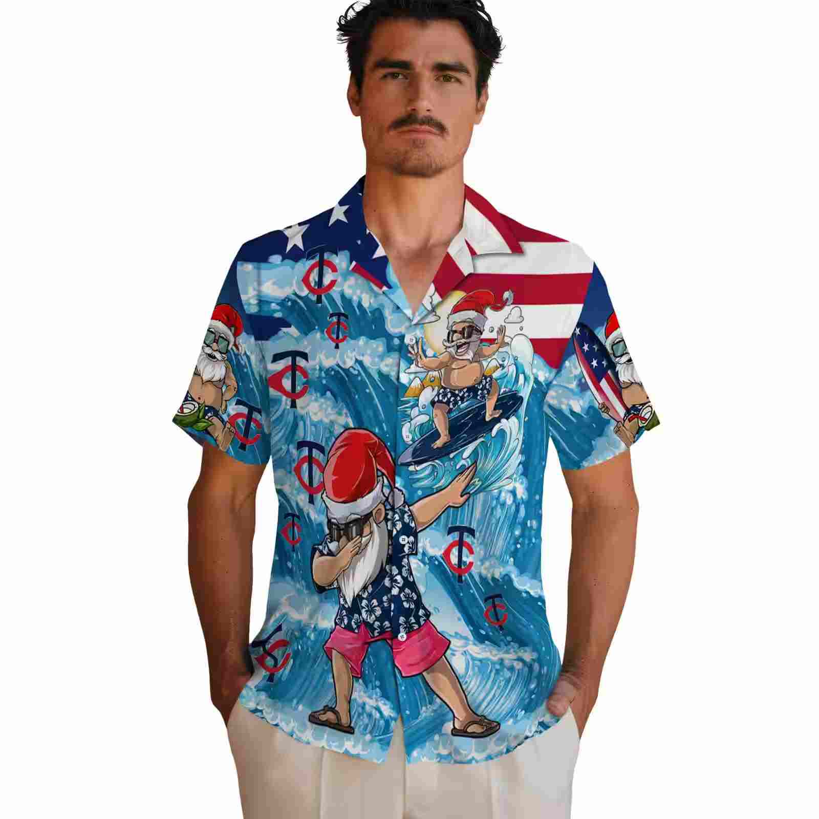 minnesota twins surfing santa blue hawaiian shirt fashion forward