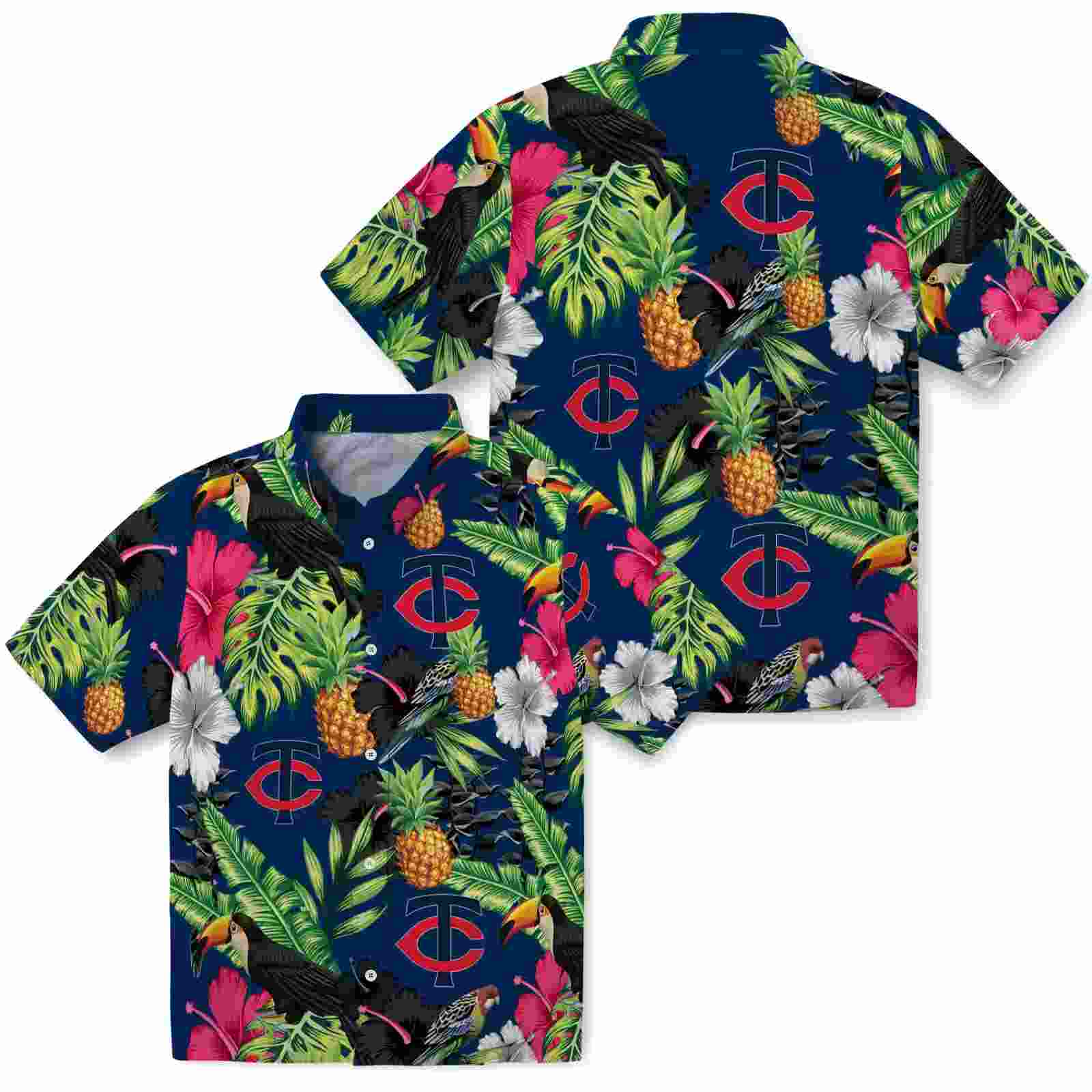 minnesota twins toucan hibiscus pineapple navy green hawaiian shirt high quality