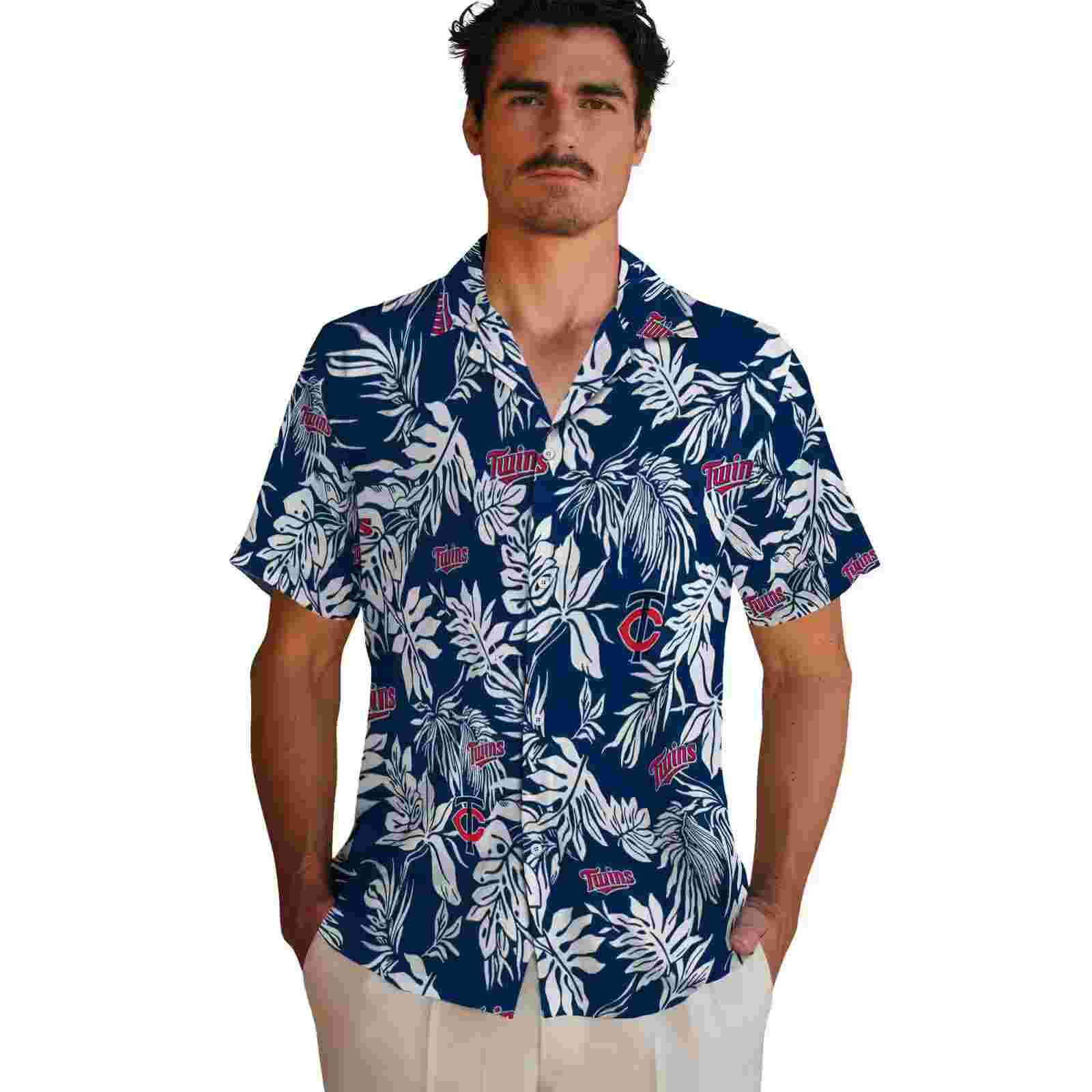 minnesota twins tropical leaf navy white hawaiian shirt fashion forward