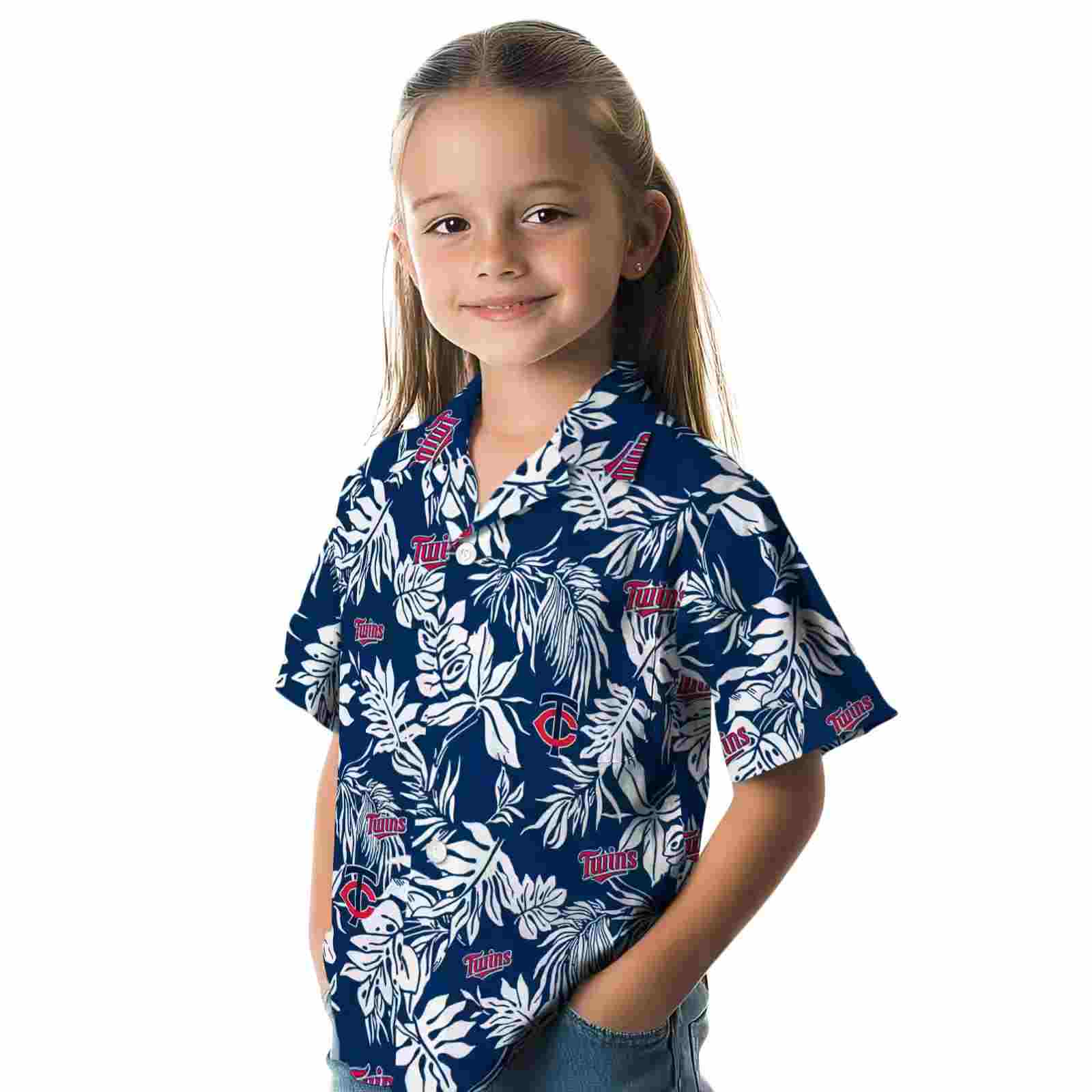 minnesota twins tropical leaf navy white hawaiian shirt premium grade