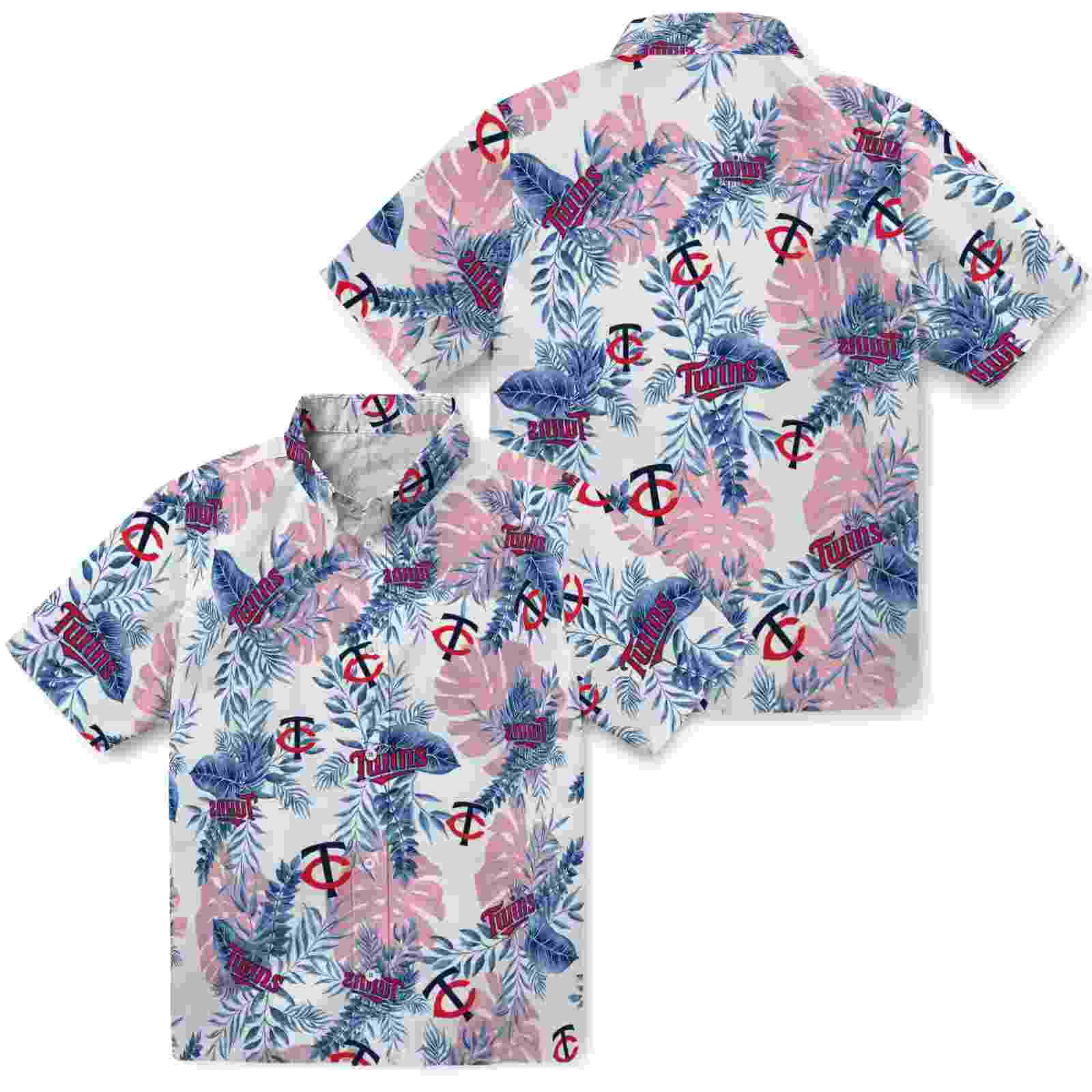 minnesota twins tropical leaves navy white hawaiian shirt high quality