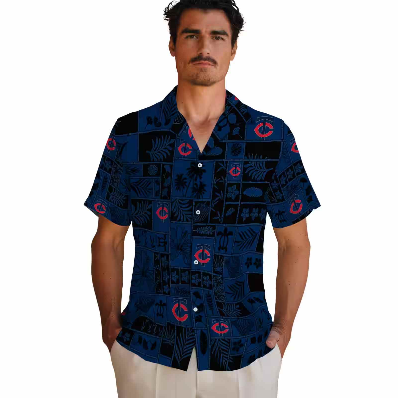 minnesota twins tropical patchwork navy black hawaiian shirt fashion forward