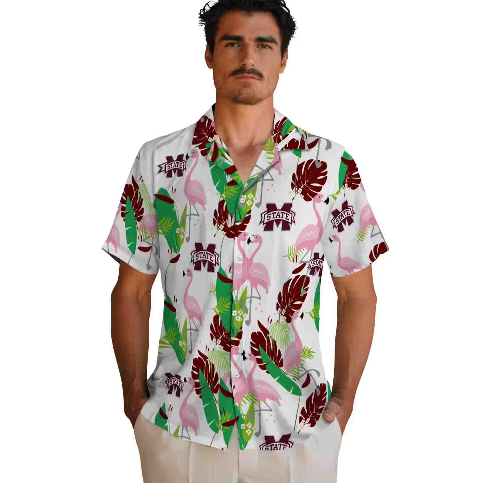 mississippi state bulldogs flamingo foliage maroon green hawaiian shirt fashion forward