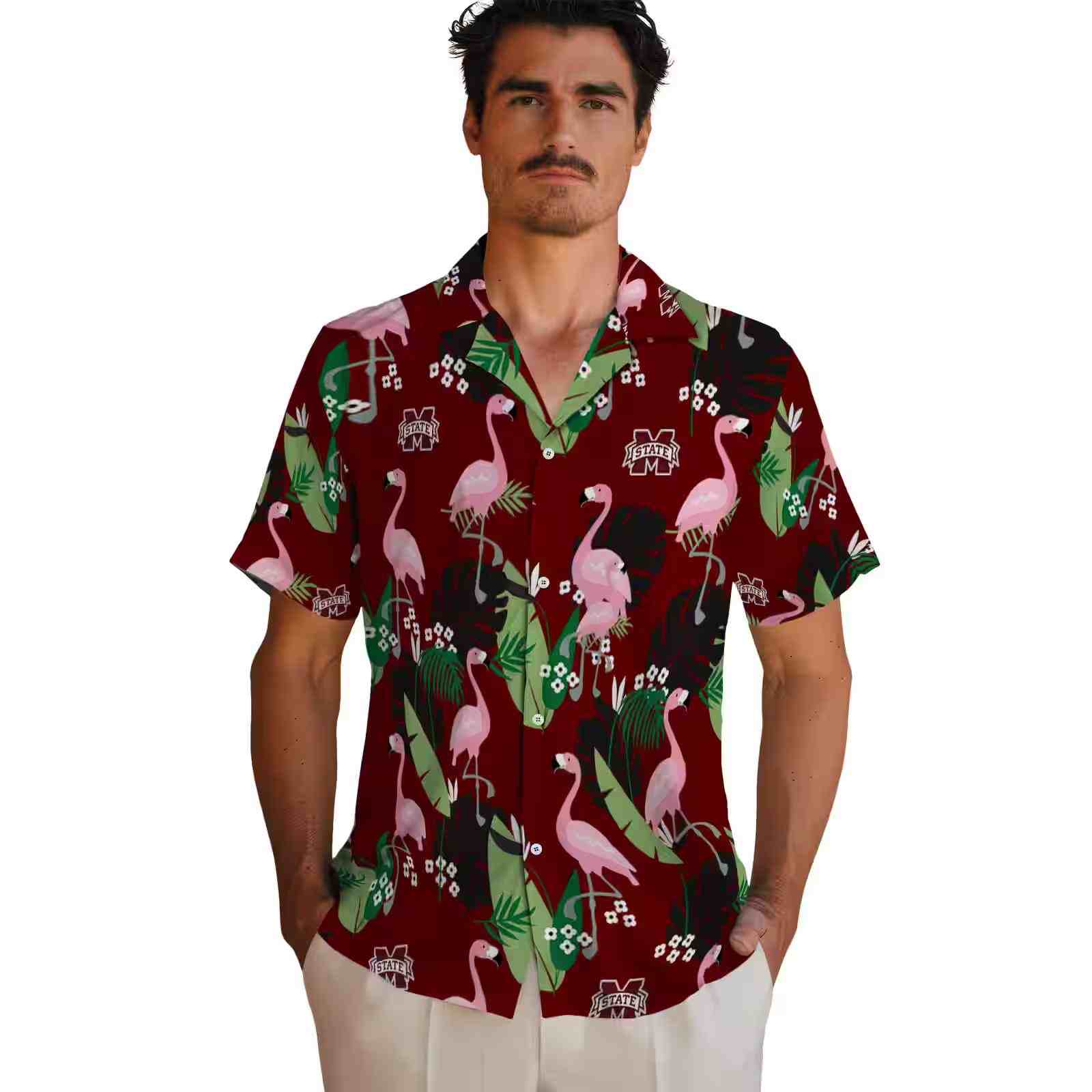 mississippi state bulldogs flamingo leaf motif maroon hawaiian shirt fashion forward