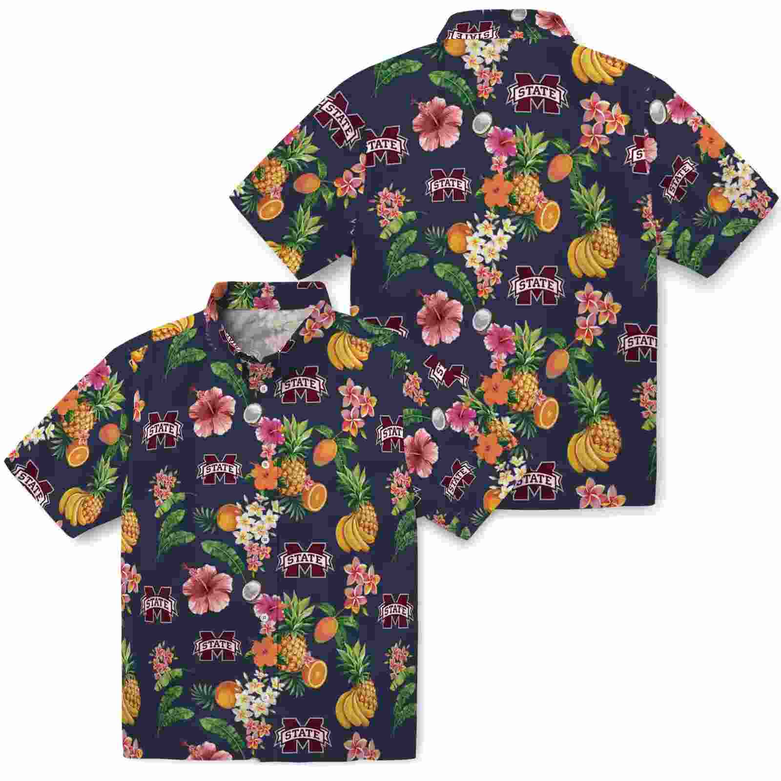 mississippi state bulldogs hibiscus and fruit navy blue hawaiian shirt high quality