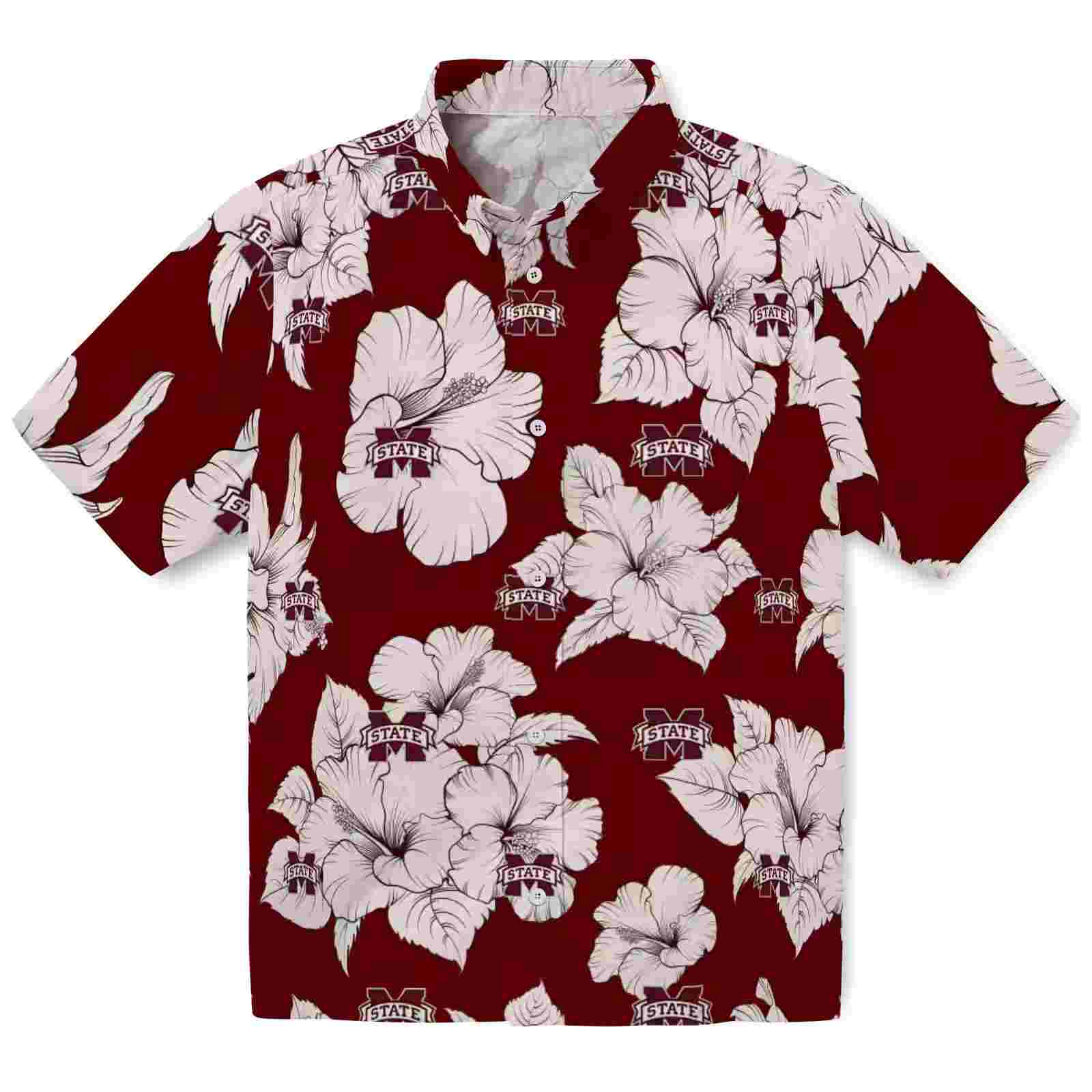 Mississippi State Bulldogs Hibiscus Blooms Maroon White Hawaiian Shirt