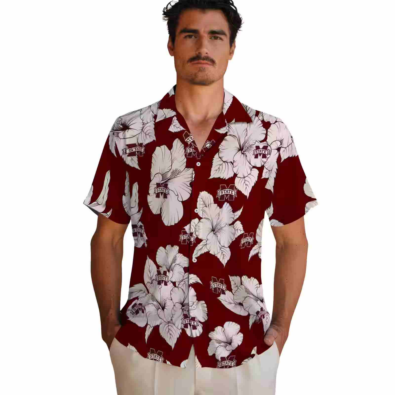 mississippi state bulldogs hibiscus blooms maroon white hawaiian shirt fashion forward