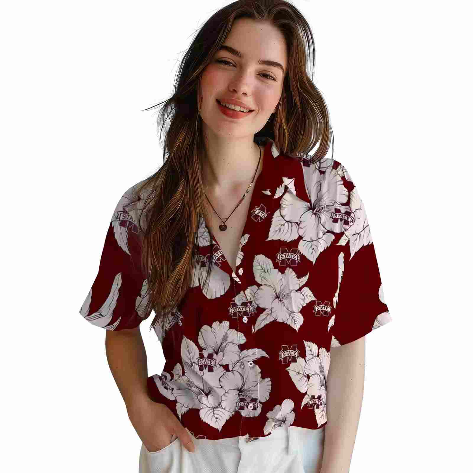 mississippi state bulldogs hibiscus blooms maroon white hawaiian shirt latest model