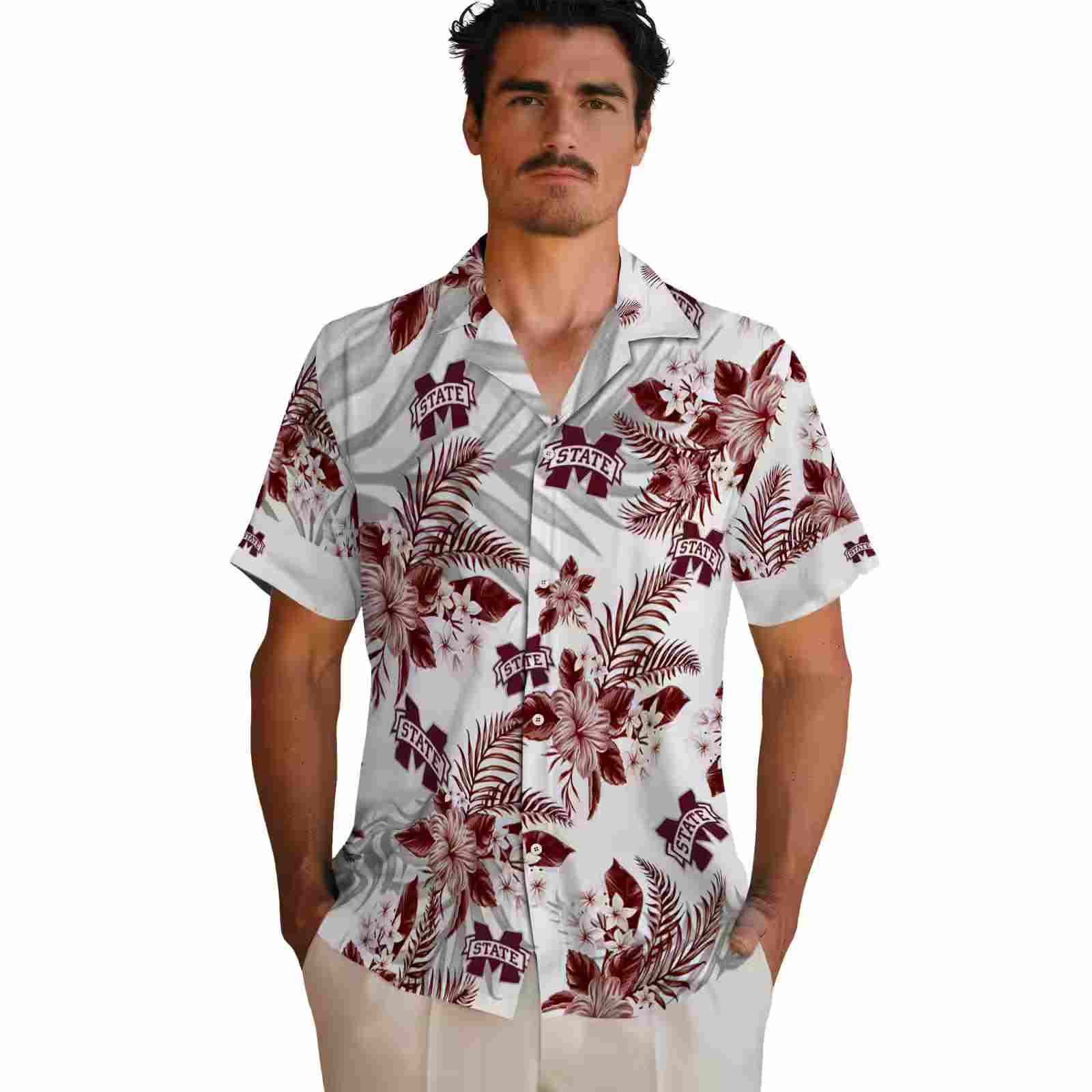 mississippi state bulldogs hibiscus palm leaves maroon white hawaiian shirt fashion forward