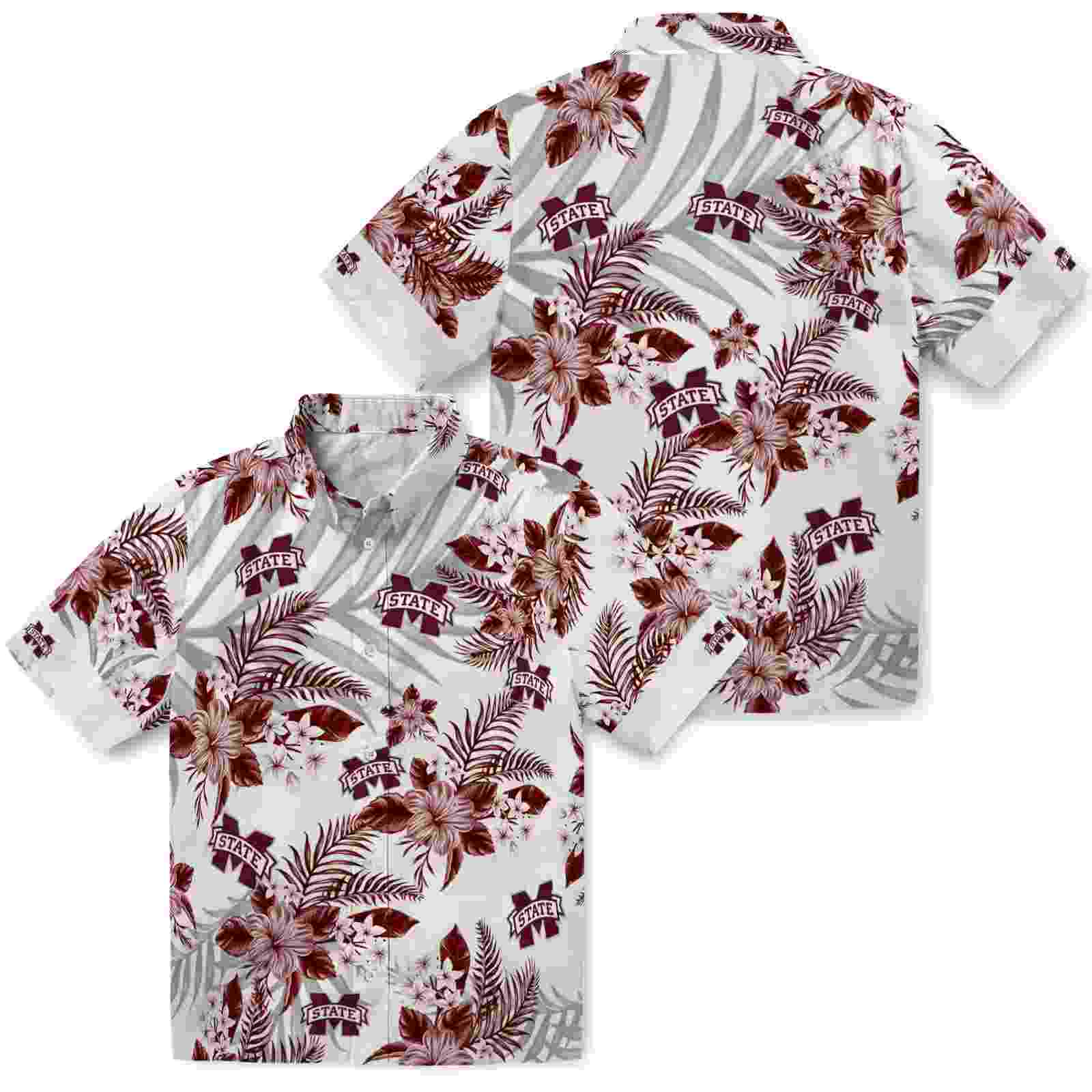 mississippi state bulldogs hibiscus palm leaves maroon white hawaiian shirt high quality