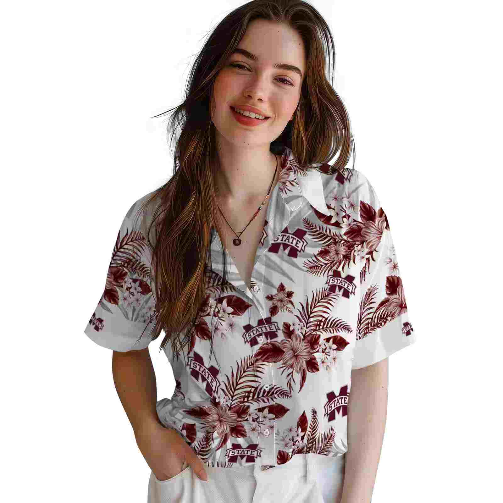 mississippi state bulldogs hibiscus palm leaves maroon white hawaiian shirt latest model