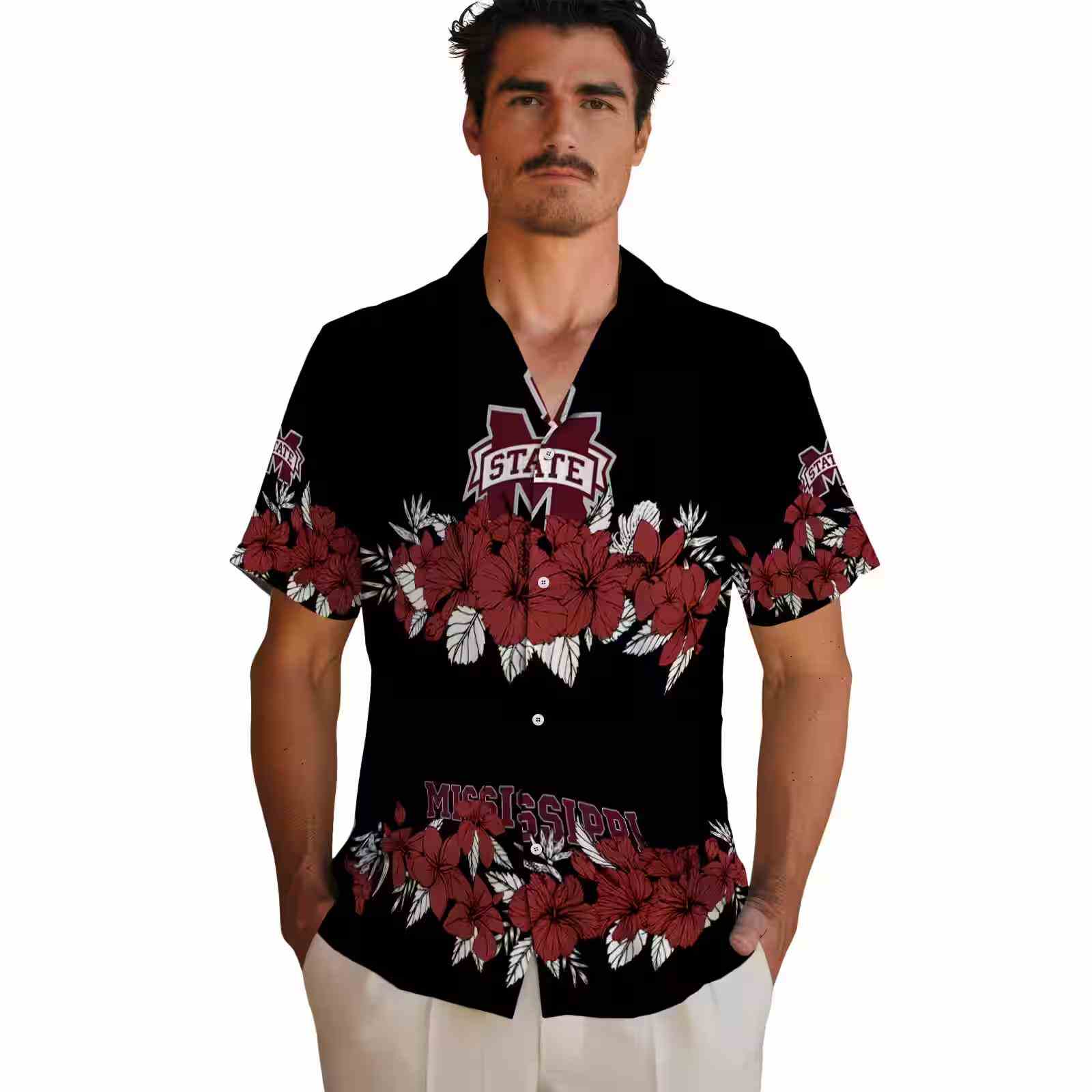 mississippi state bulldogs hibiscus stripe maroon black hawaiian shirt fashion forward