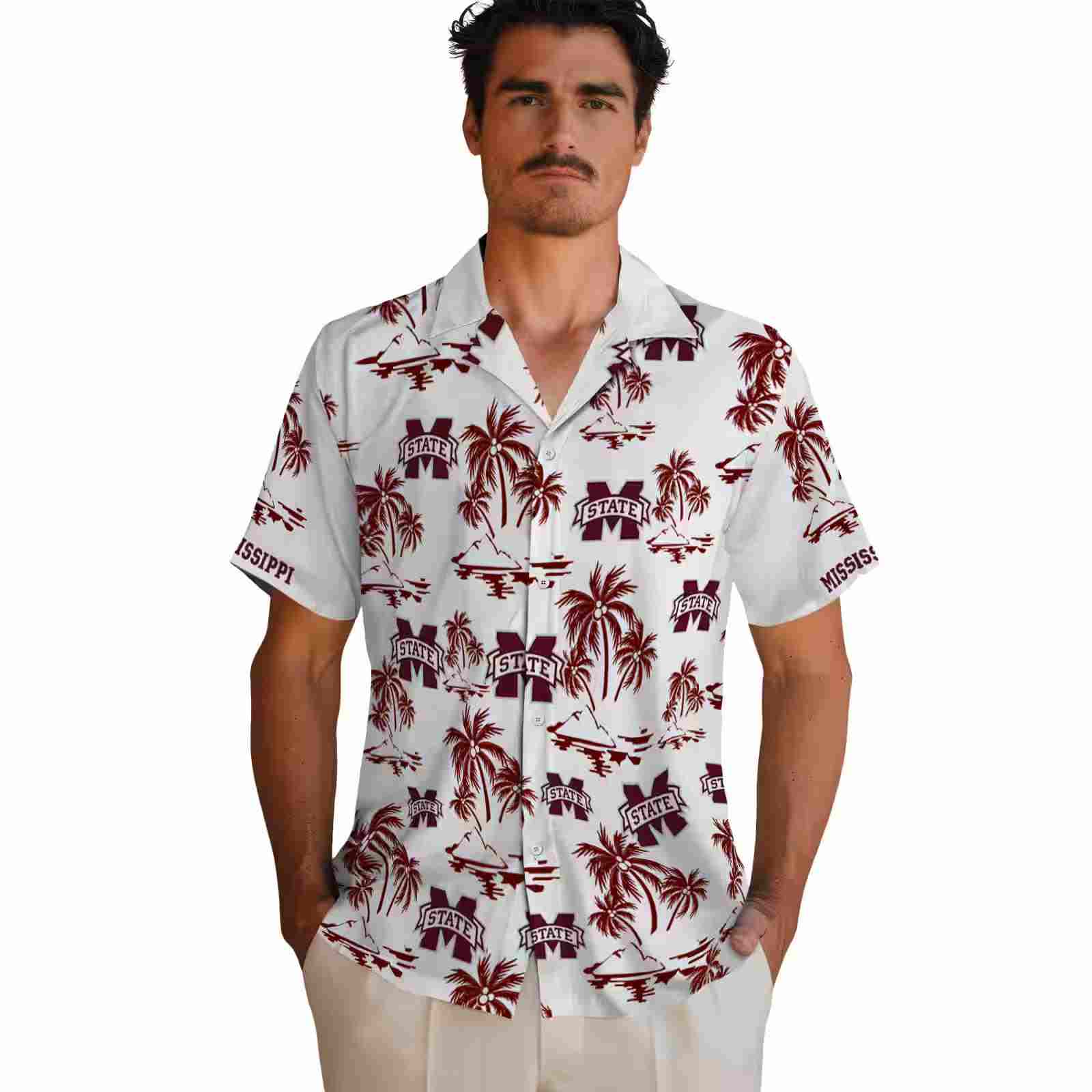 mississippi state bulldogs palm island print maroon white hawaiian shirt fashion forward