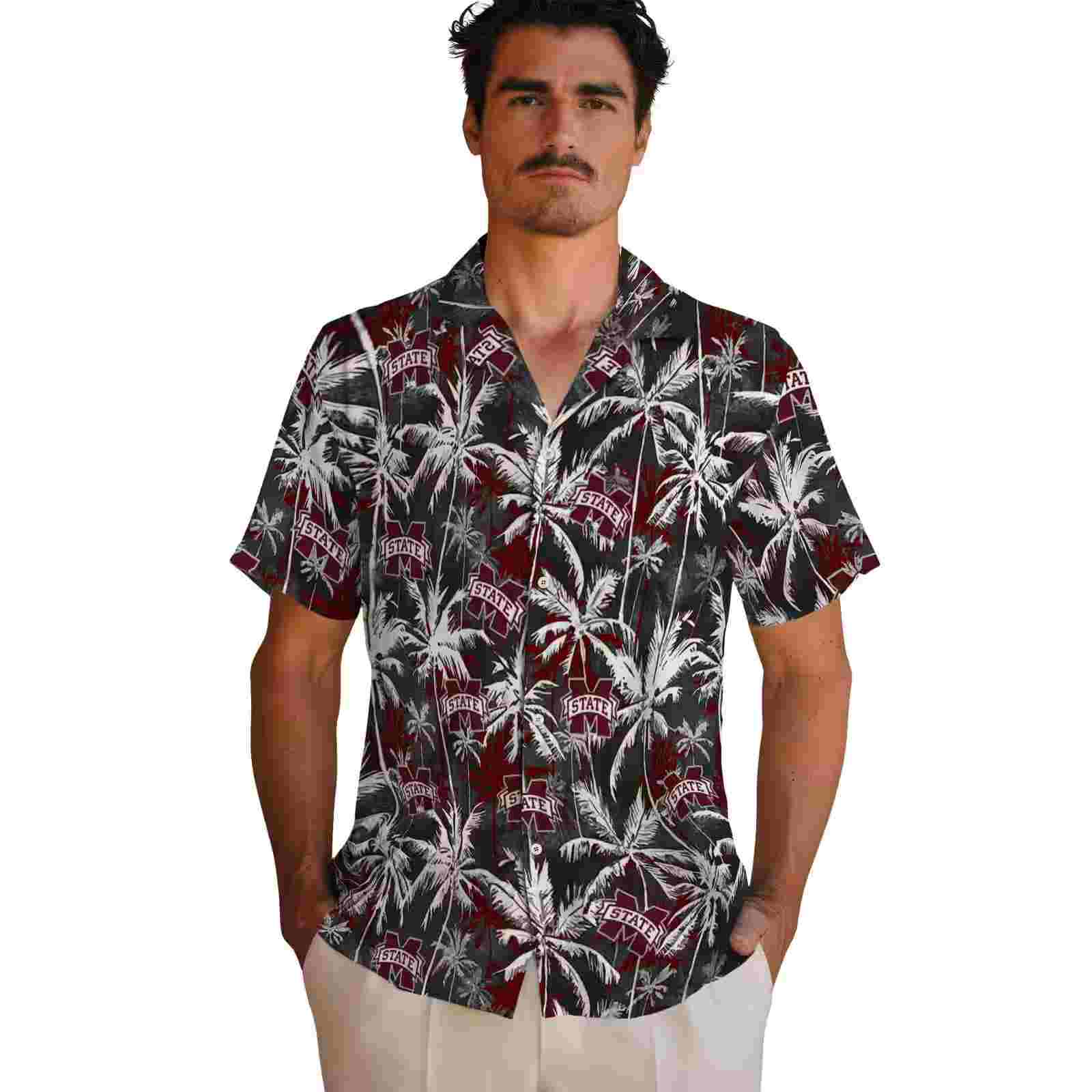 mississippi state bulldogs palm pattern maroon black hawaiian shirt fashion forward