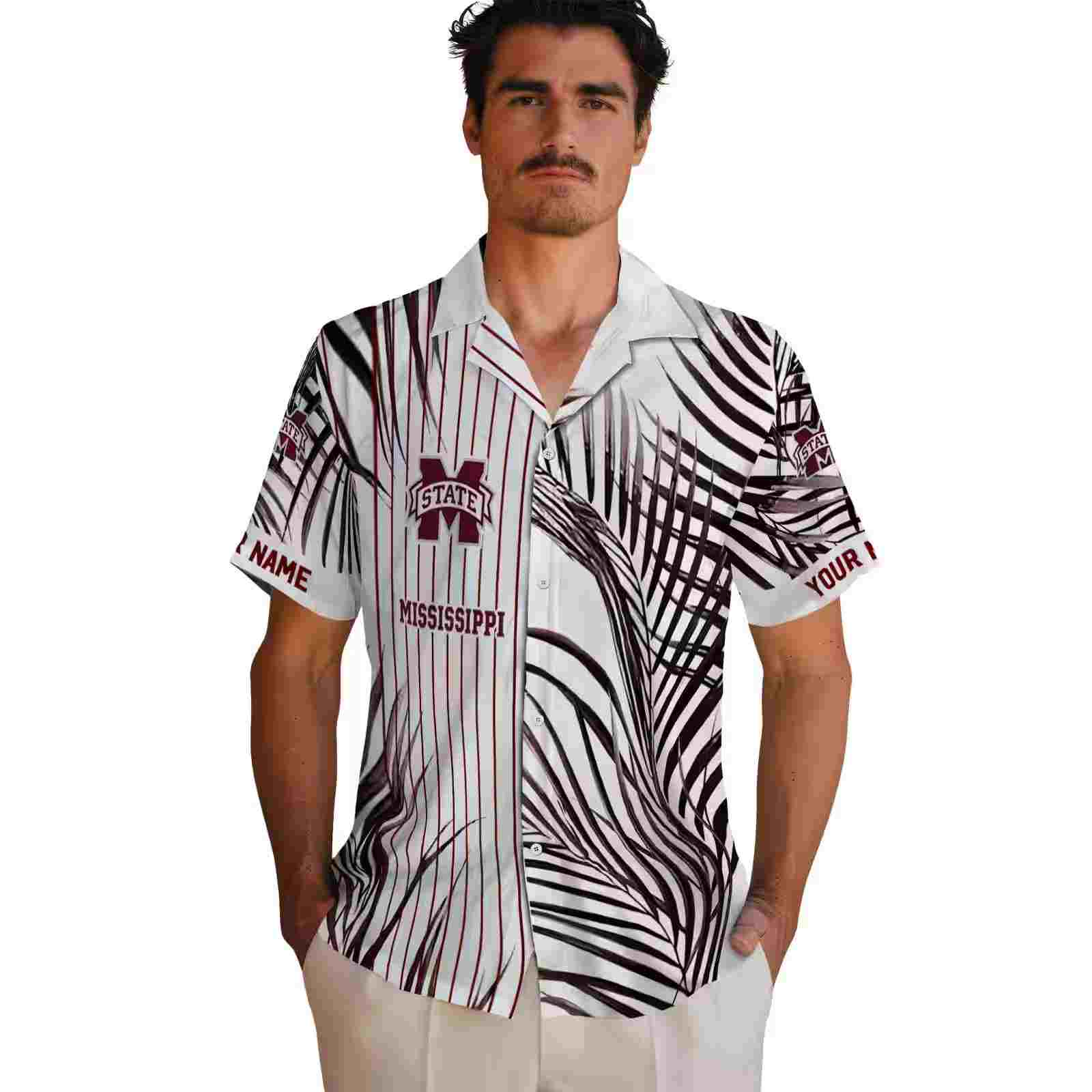 mississippi state bulldogs palm stripes maroon black white hawaiian shirt fashion forward