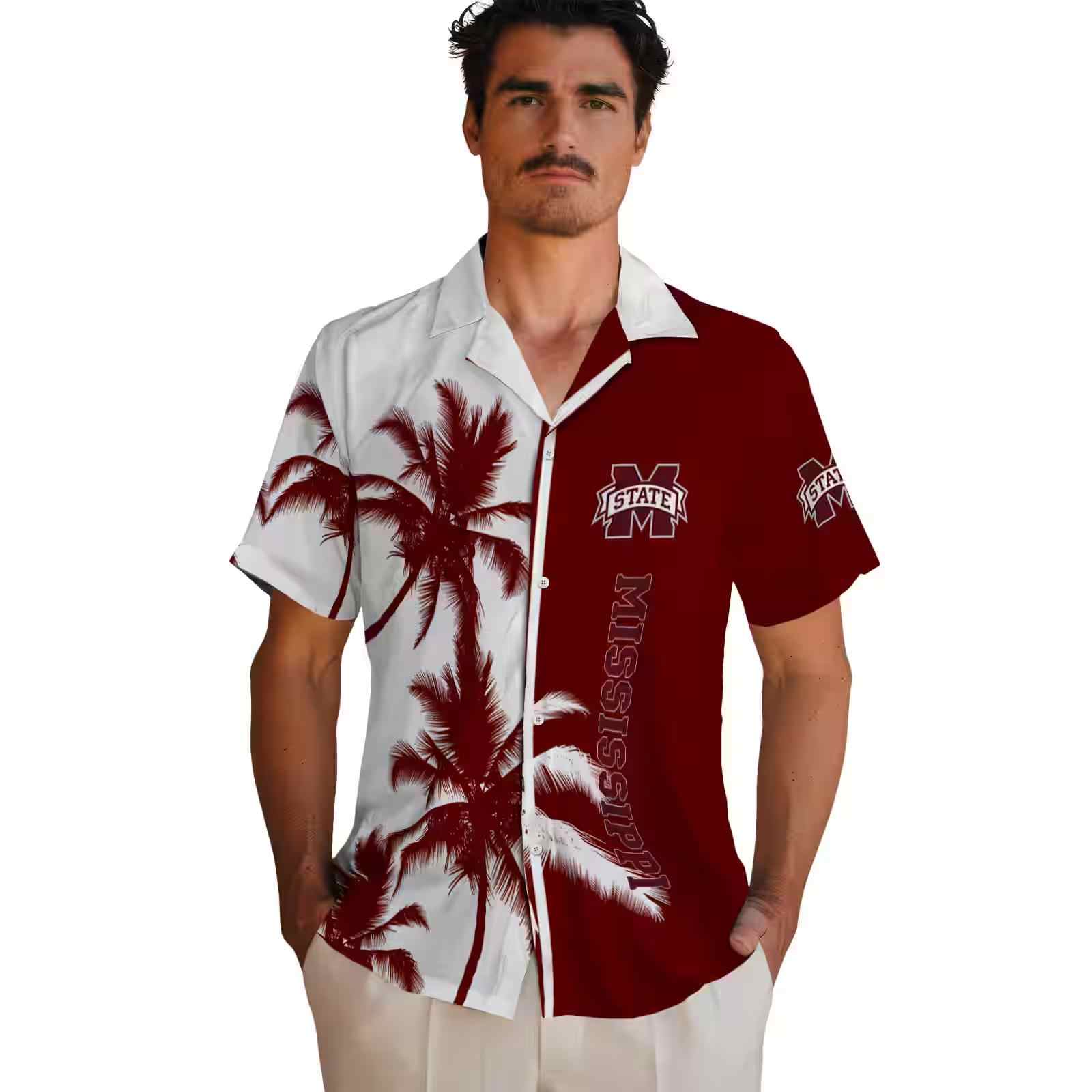 mississippi state bulldogs palm trees maroon white hawaiian shirt fashion forward