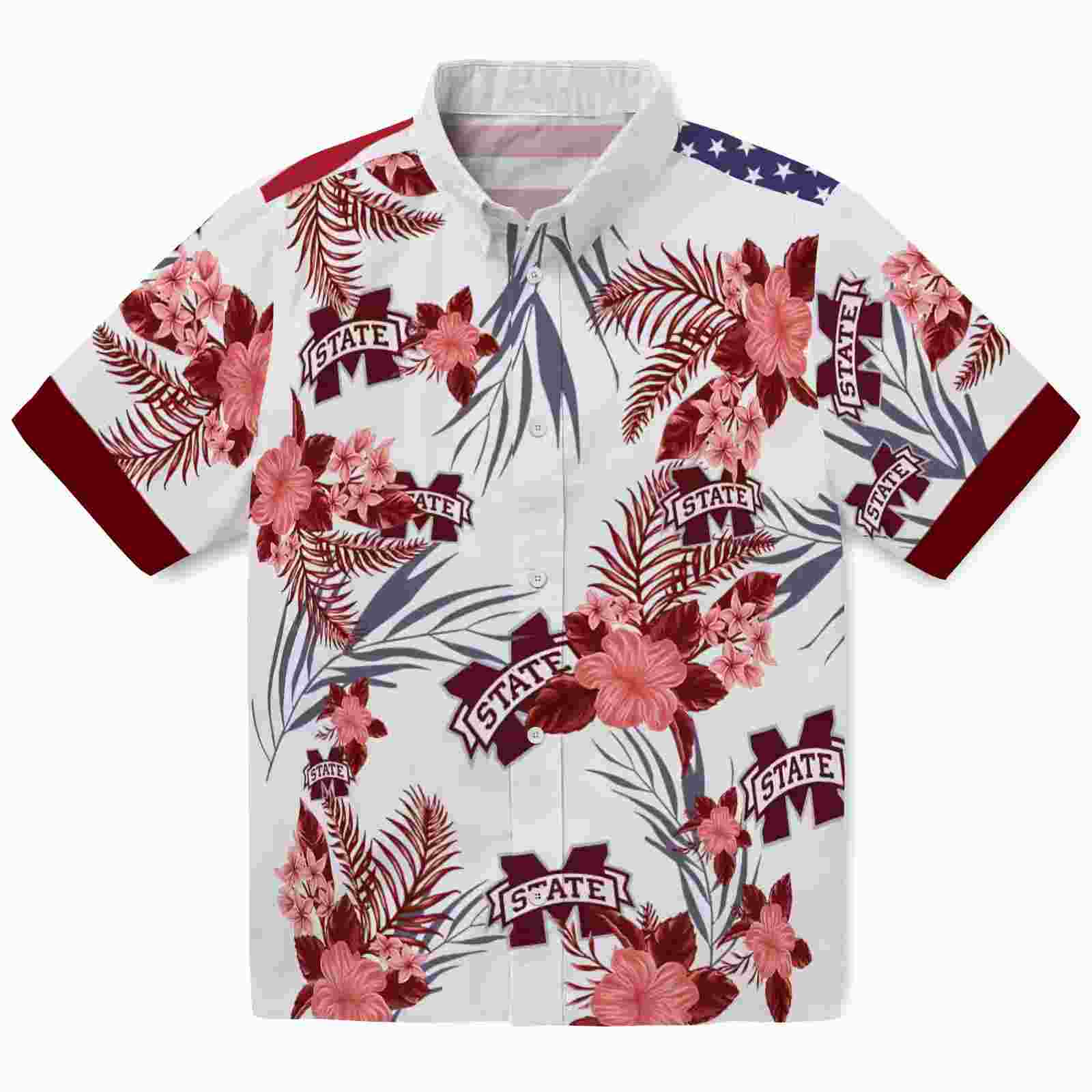 Mississippi State Bulldogs Patriotic Hibiscus Design Maroon White Hawaiian Shirt