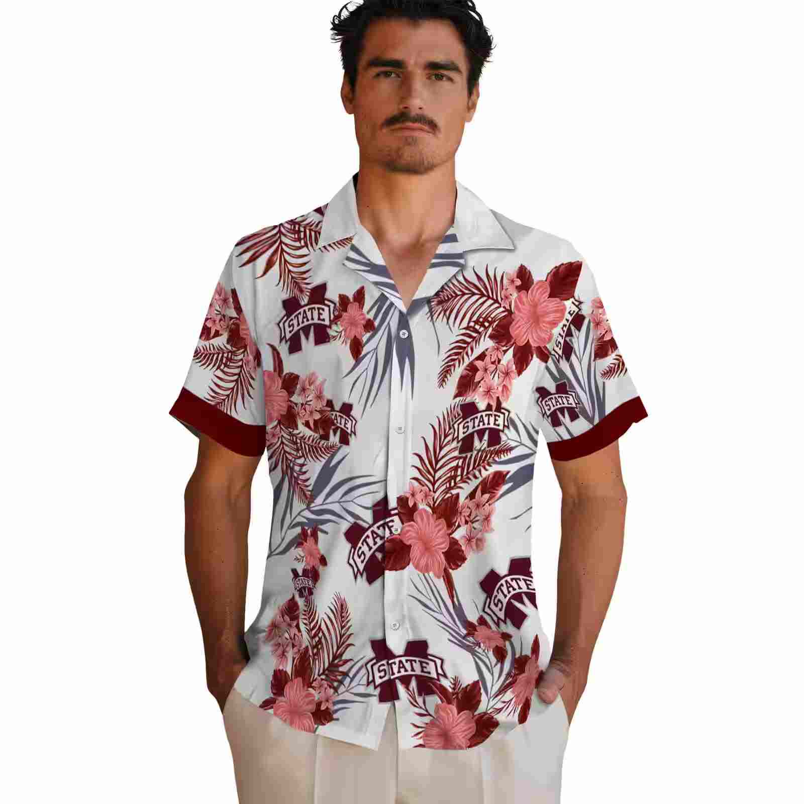 mississippi state bulldogs patriotic hibiscus design maroon white hawaiian shirt fashion forward