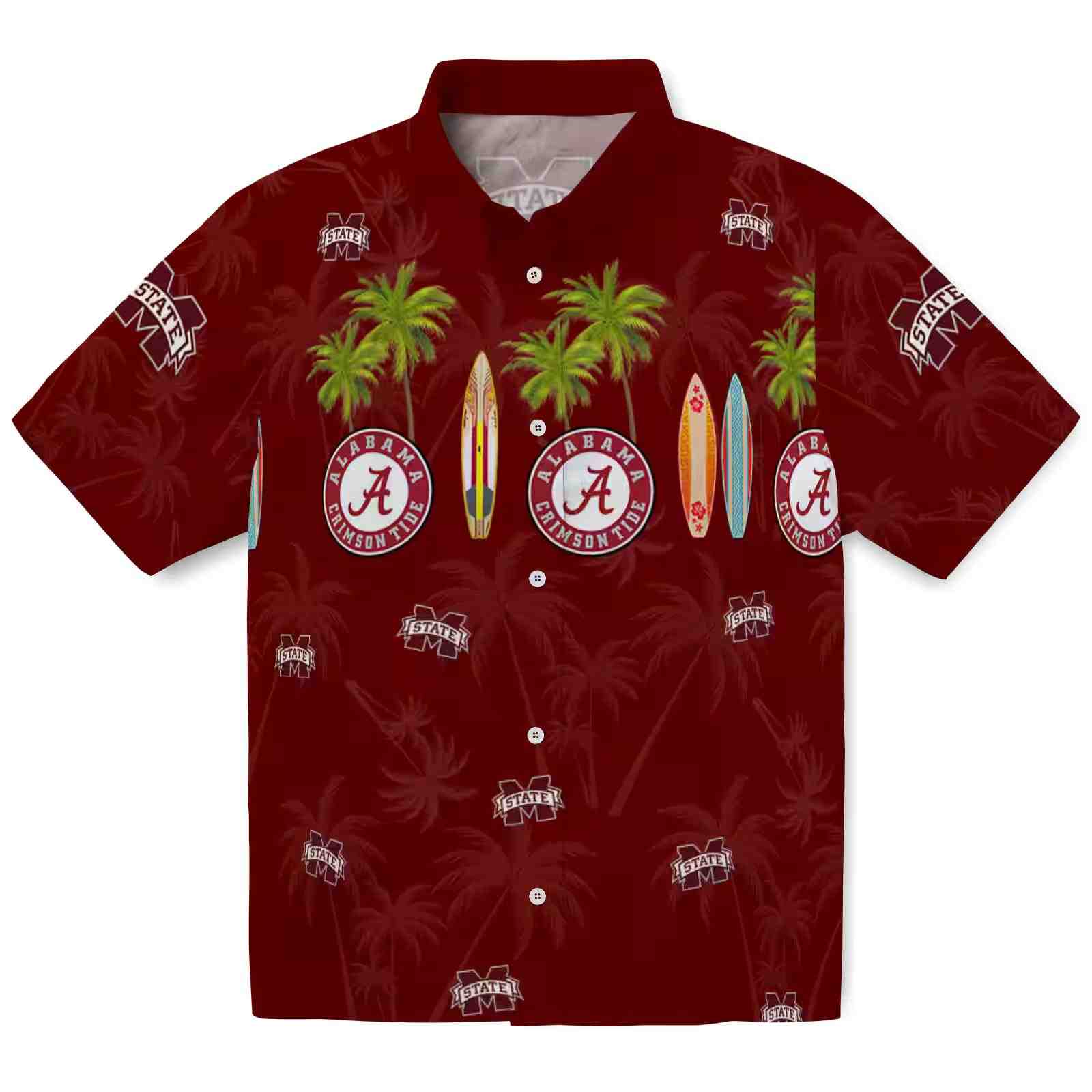 Mississippi State Bulldogs Surfboard Palm Maroon Hawaiian Shirt