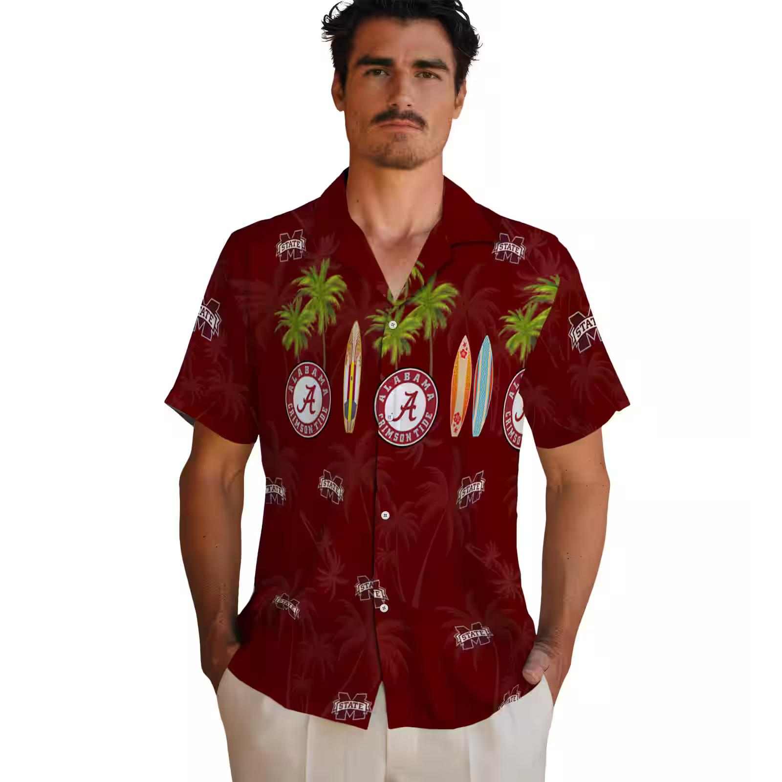 mississippi state bulldogs surfboard palm maroon hawaiian shirt fashion forward