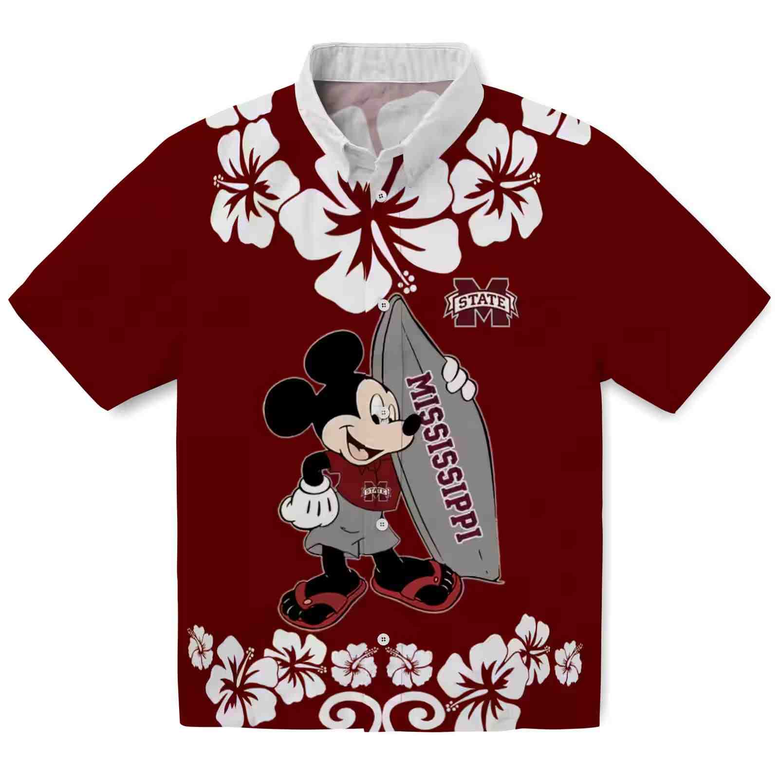 Mississippi State Bulldogs Surfing Mickey Maroon Hawaiian Shirt