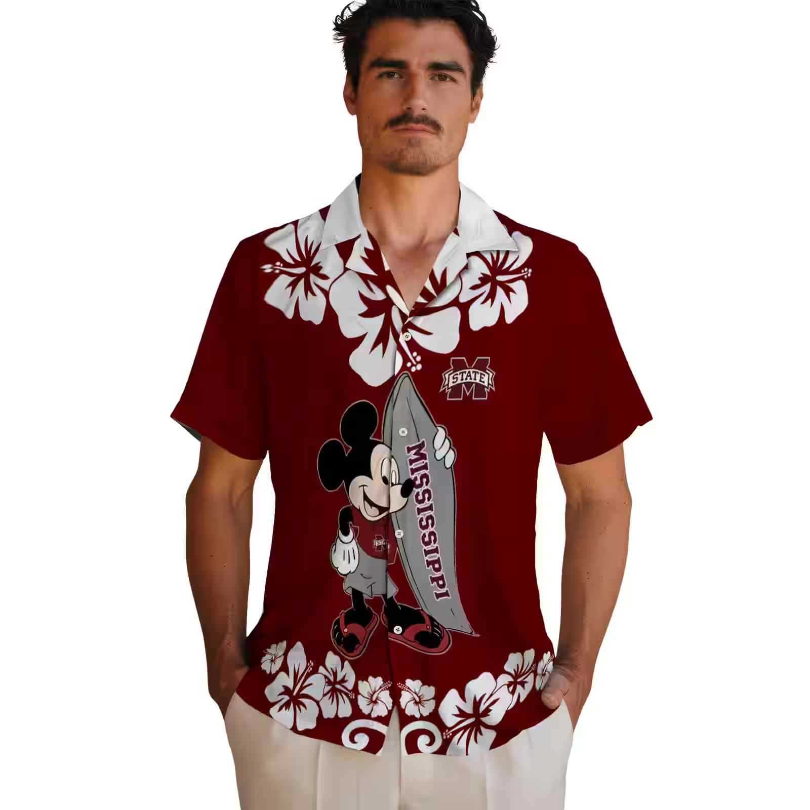 mississippi state bulldogs surfing mickey maroon hawaiian shirt fashion forward