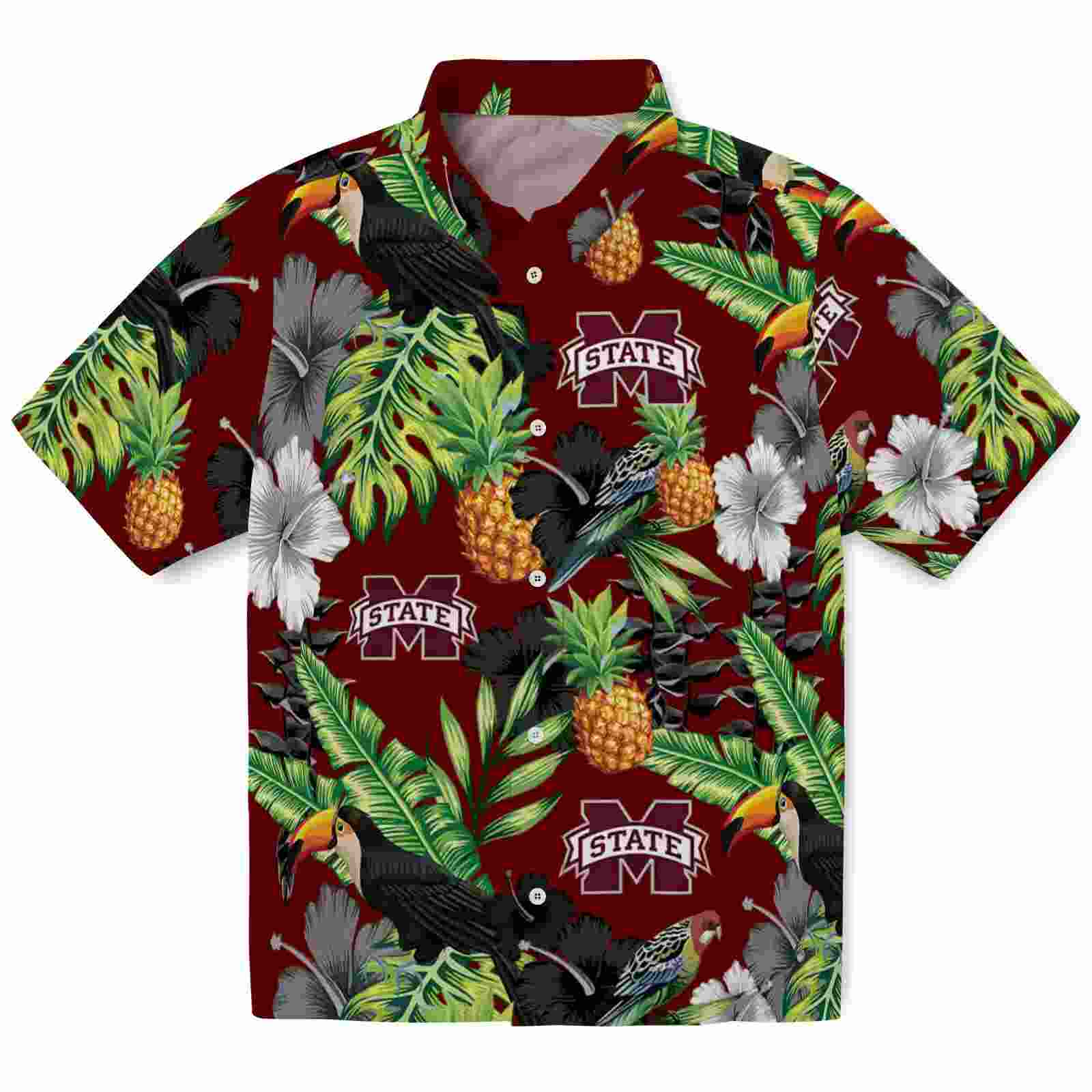 Mississippi State Bulldogs Toucan Hibiscus Pineapple Maroon Green Hawaiian Shirt