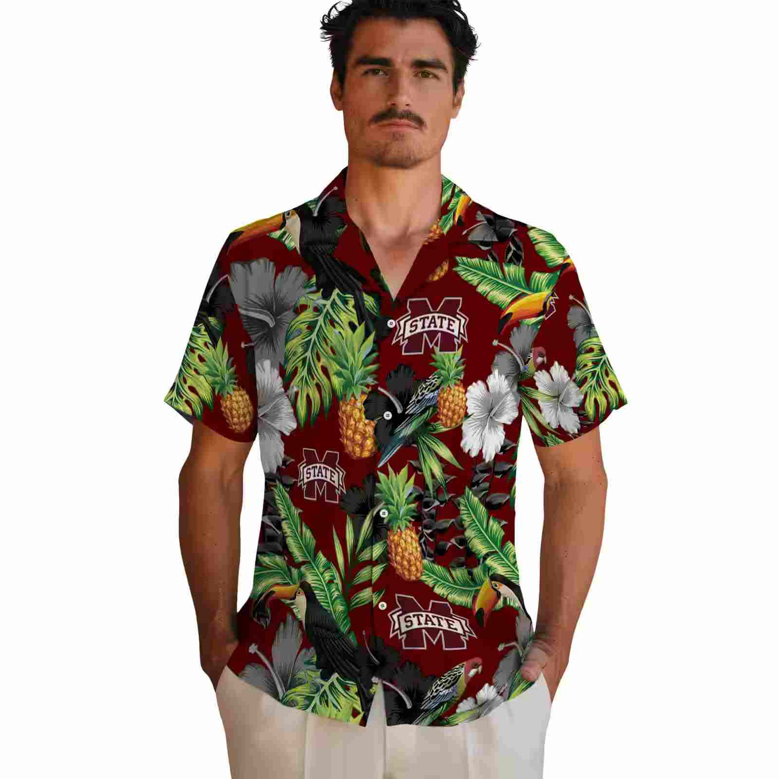 mississippi state bulldogs toucan hibiscus pineapple maroon green hawaiian shirt fashion forward