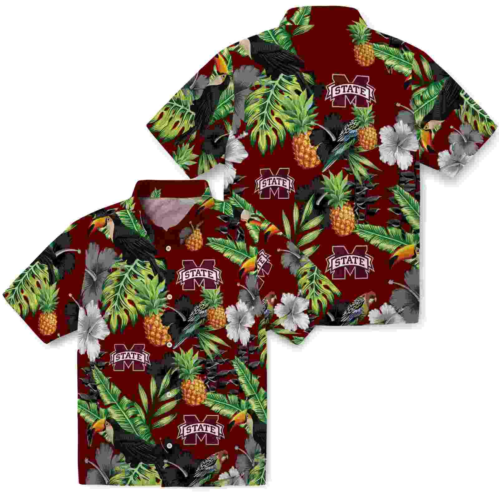 mississippi state bulldogs toucan hibiscus pineapple maroon green hawaiian shirt high quality