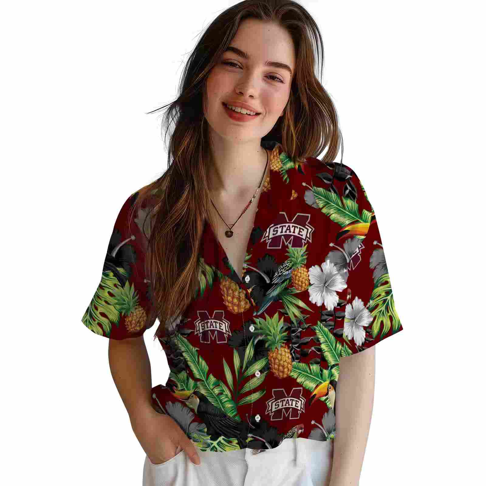 mississippi state bulldogs toucan hibiscus pineapple maroon green hawaiian shirt latest model