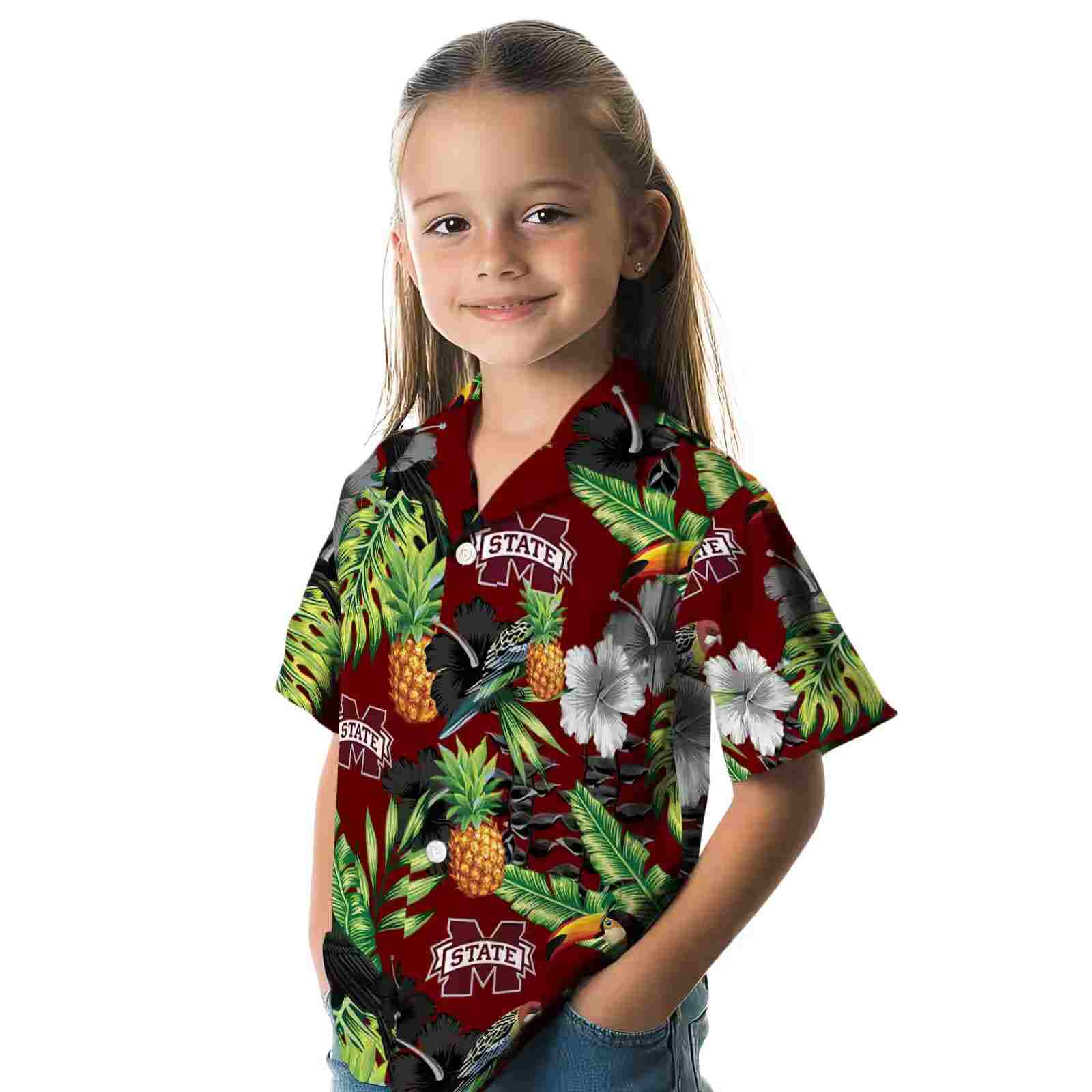 mississippi state bulldogs toucan hibiscus pineapple maroon green hawaiian shirt premium grade