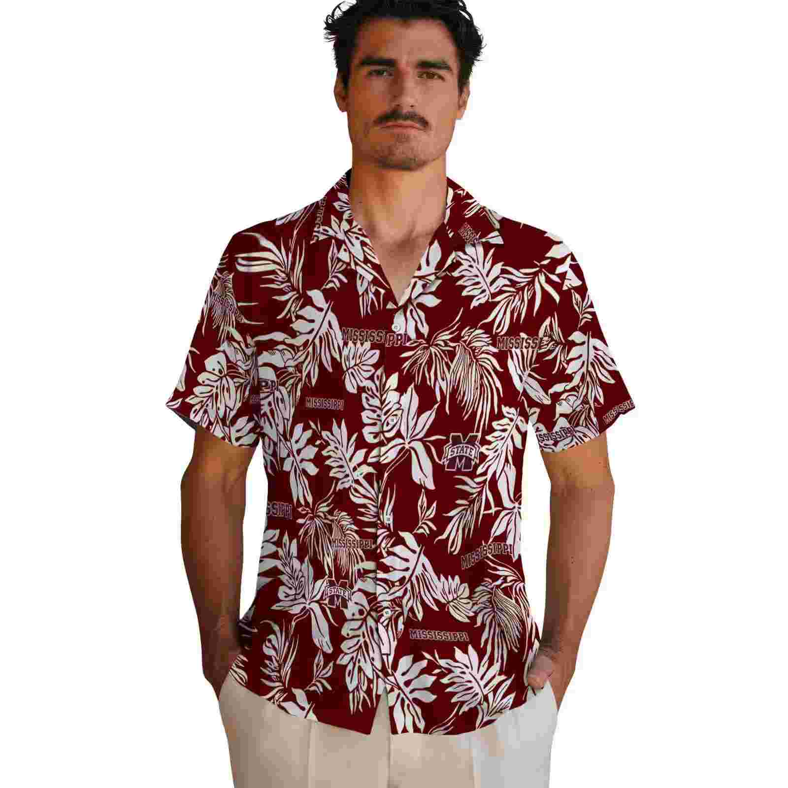 mississippi state bulldogs tropical leaf maroon white hawaiian shirt fashion forward