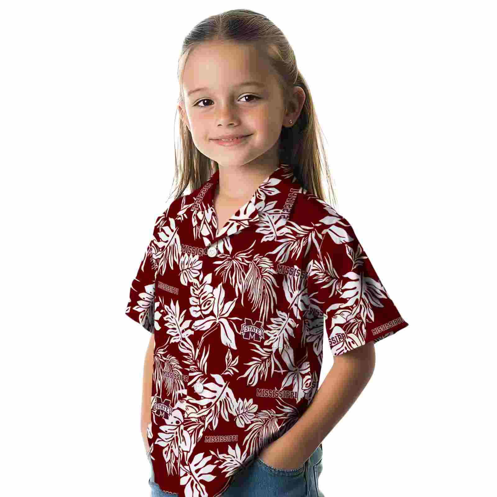 mississippi state bulldogs tropical leaf maroon white hawaiian shirt premium grade