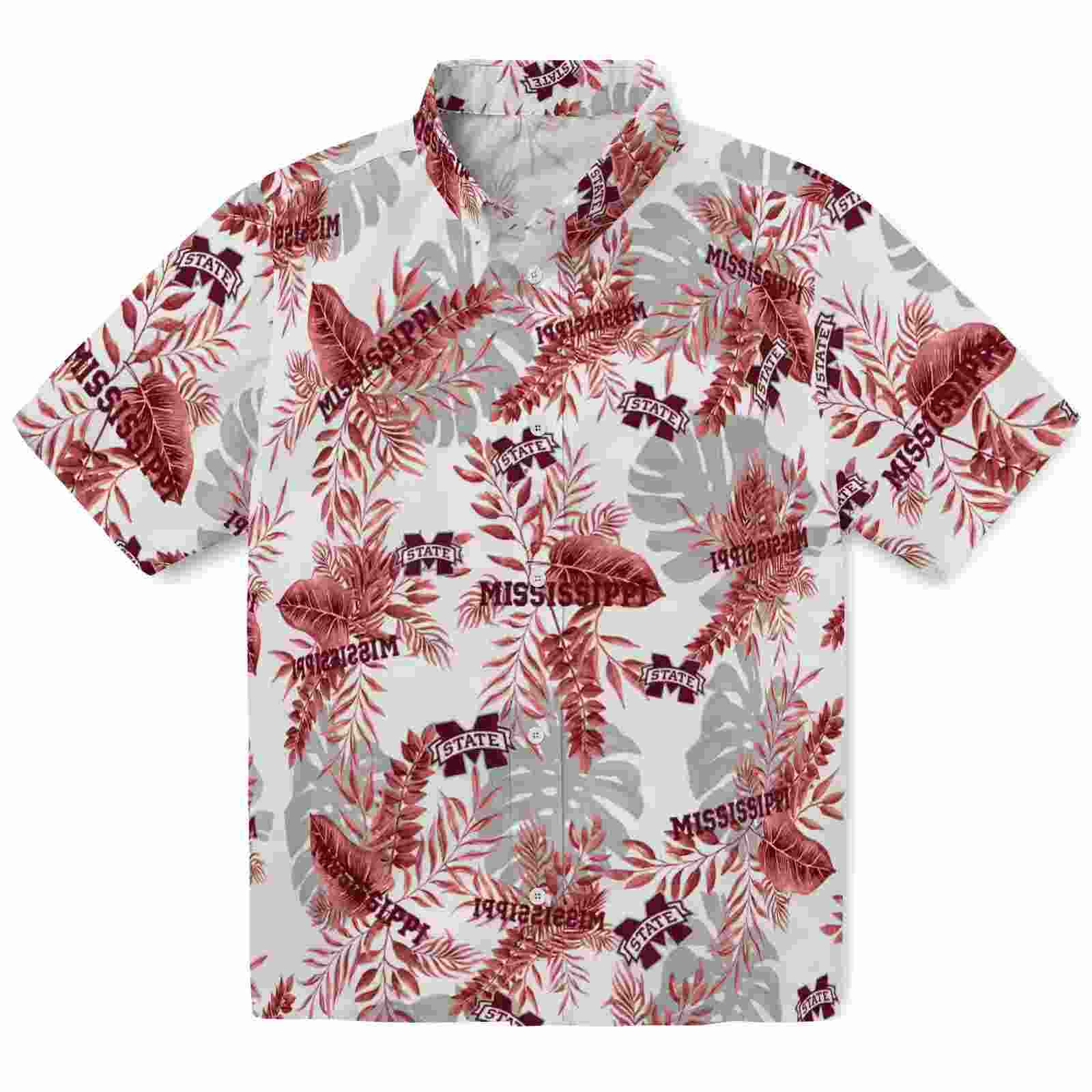 Mississippi State Bulldogs Tropical Leaves Maroon White Hawaiian Shirt