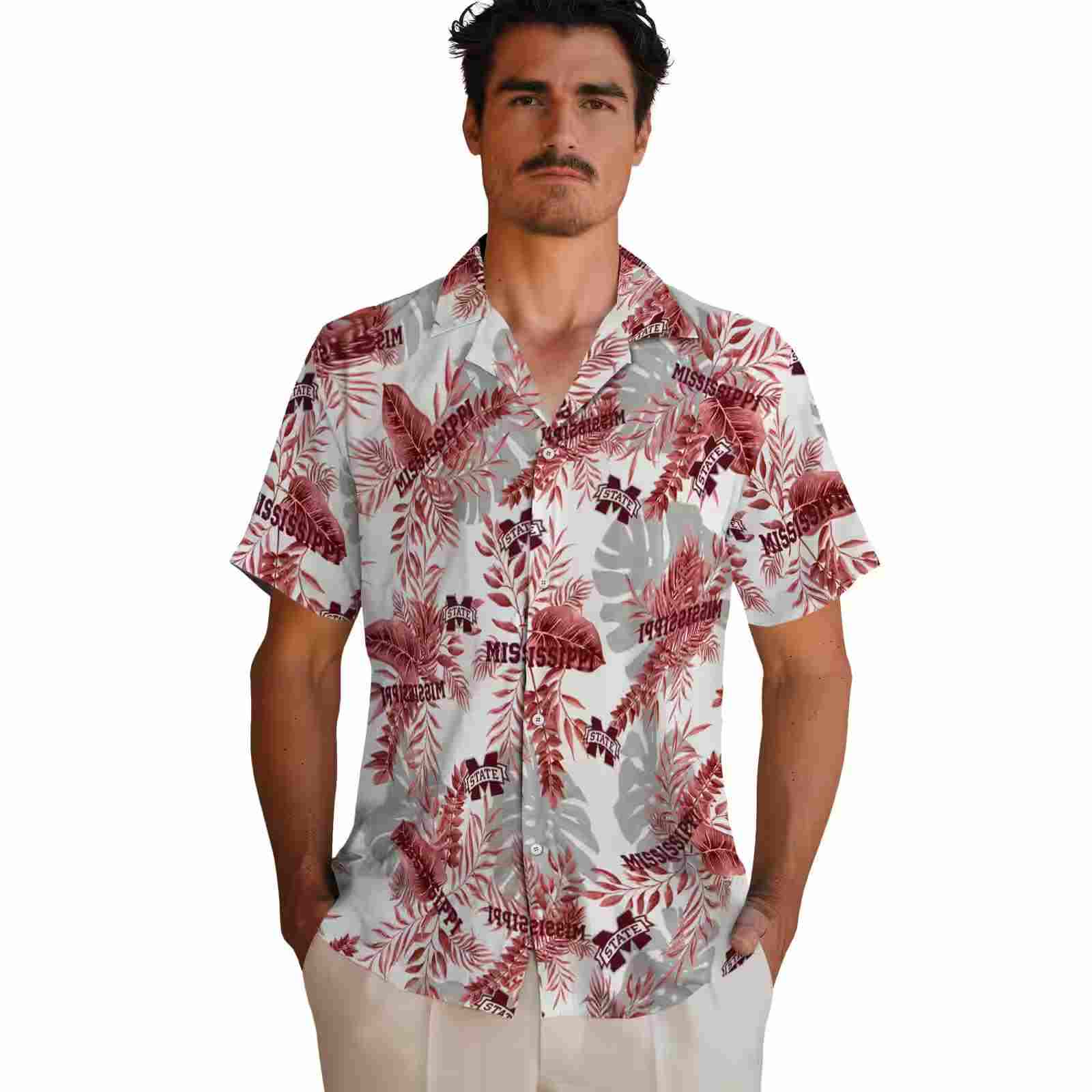 mississippi state bulldogs tropical leaves maroon white hawaiian shirt fashion forward