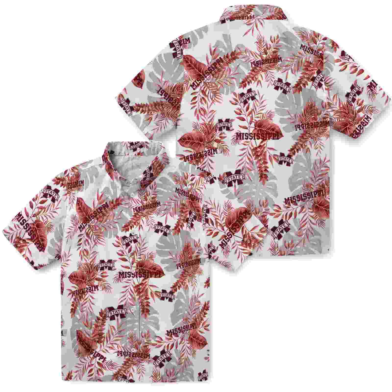 mississippi state bulldogs tropical leaves maroon white hawaiian shirt high quality