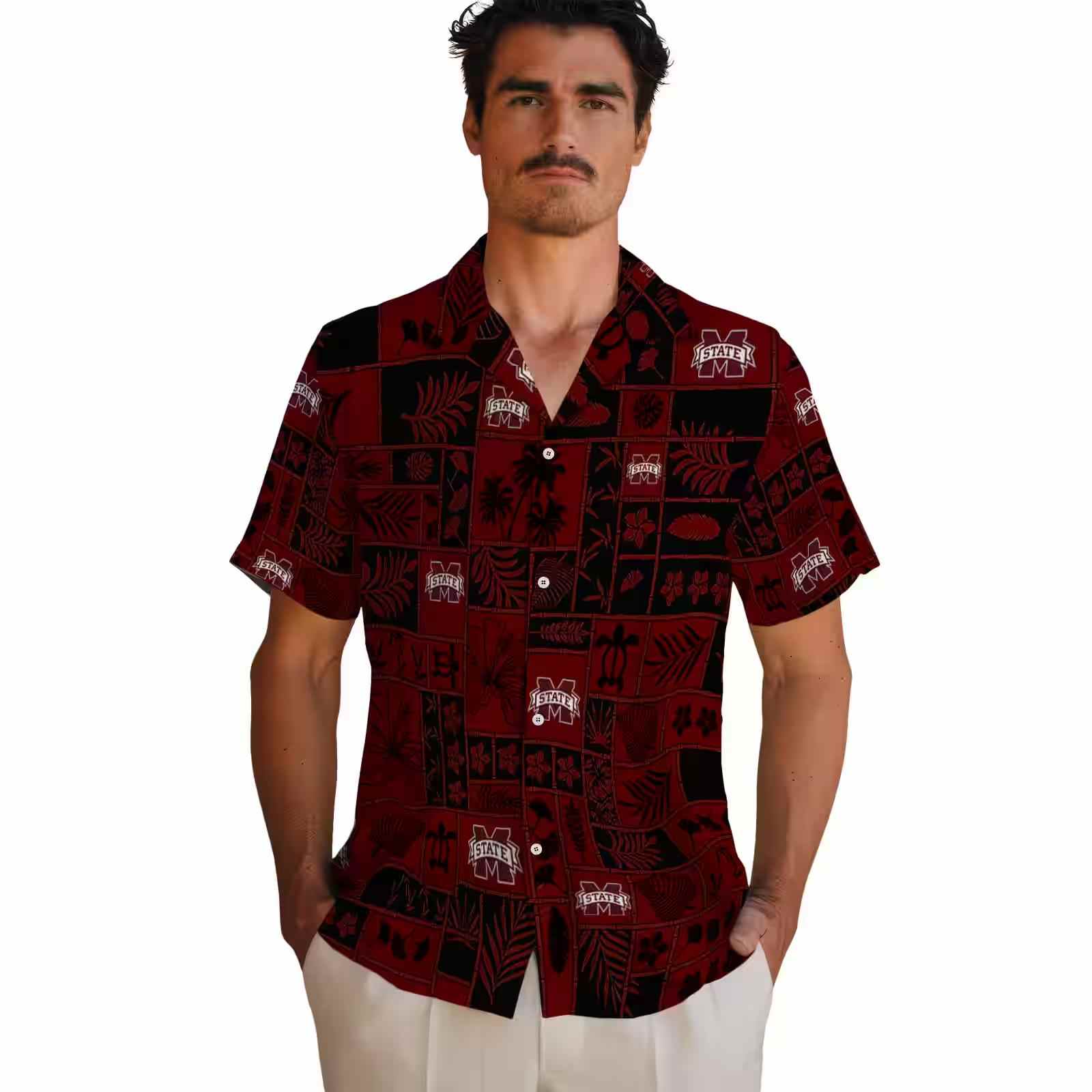 mississippi state bulldogs tropical patchwork maroon black hawaiian shirt fashion forward