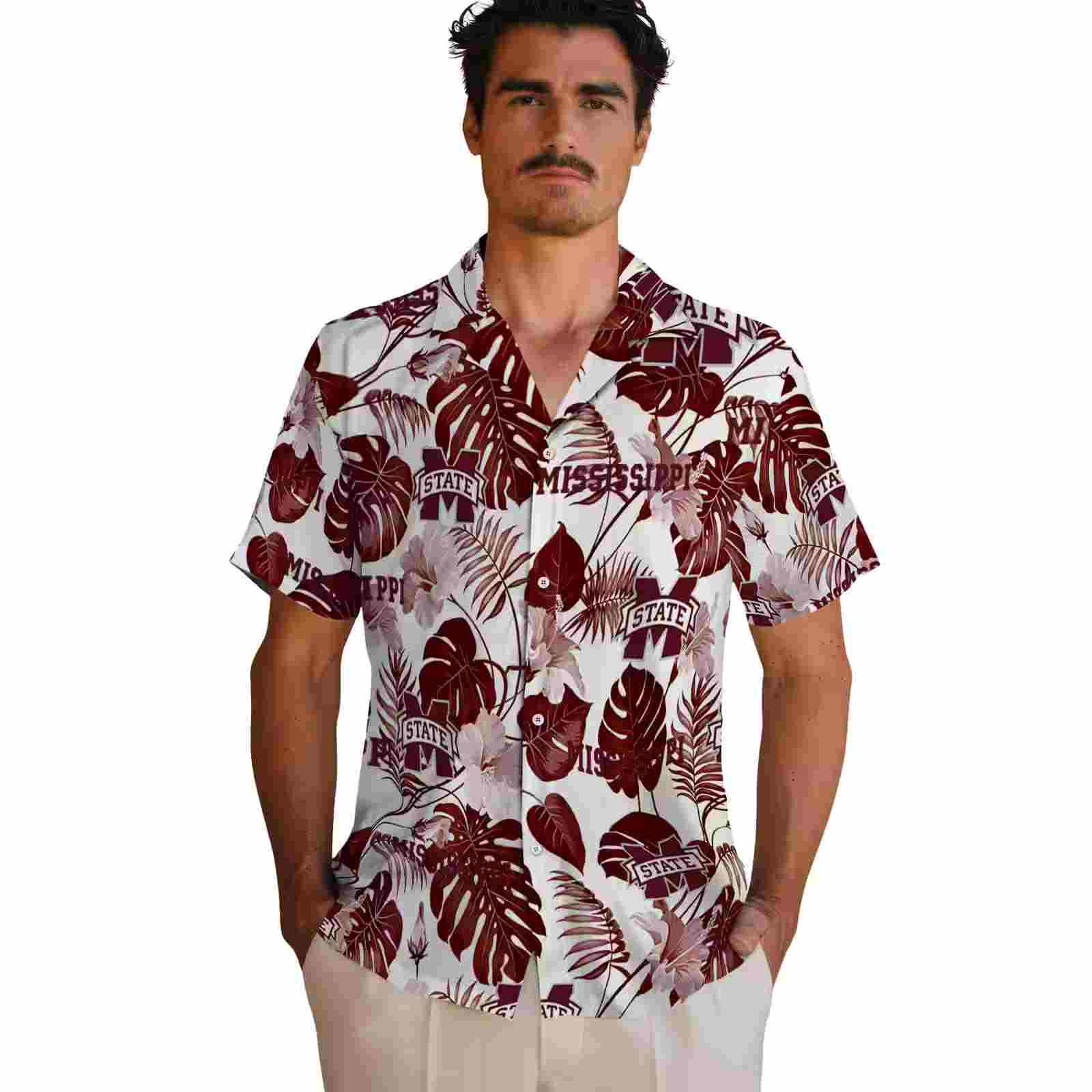 mississippi state bulldogs tropical plants maroon white hawaiian shirt fashion forward