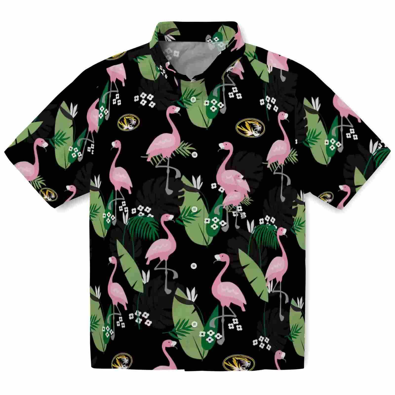 Missouri Tigers Flamingo Leaf Motif Black Hawaiian Shirt