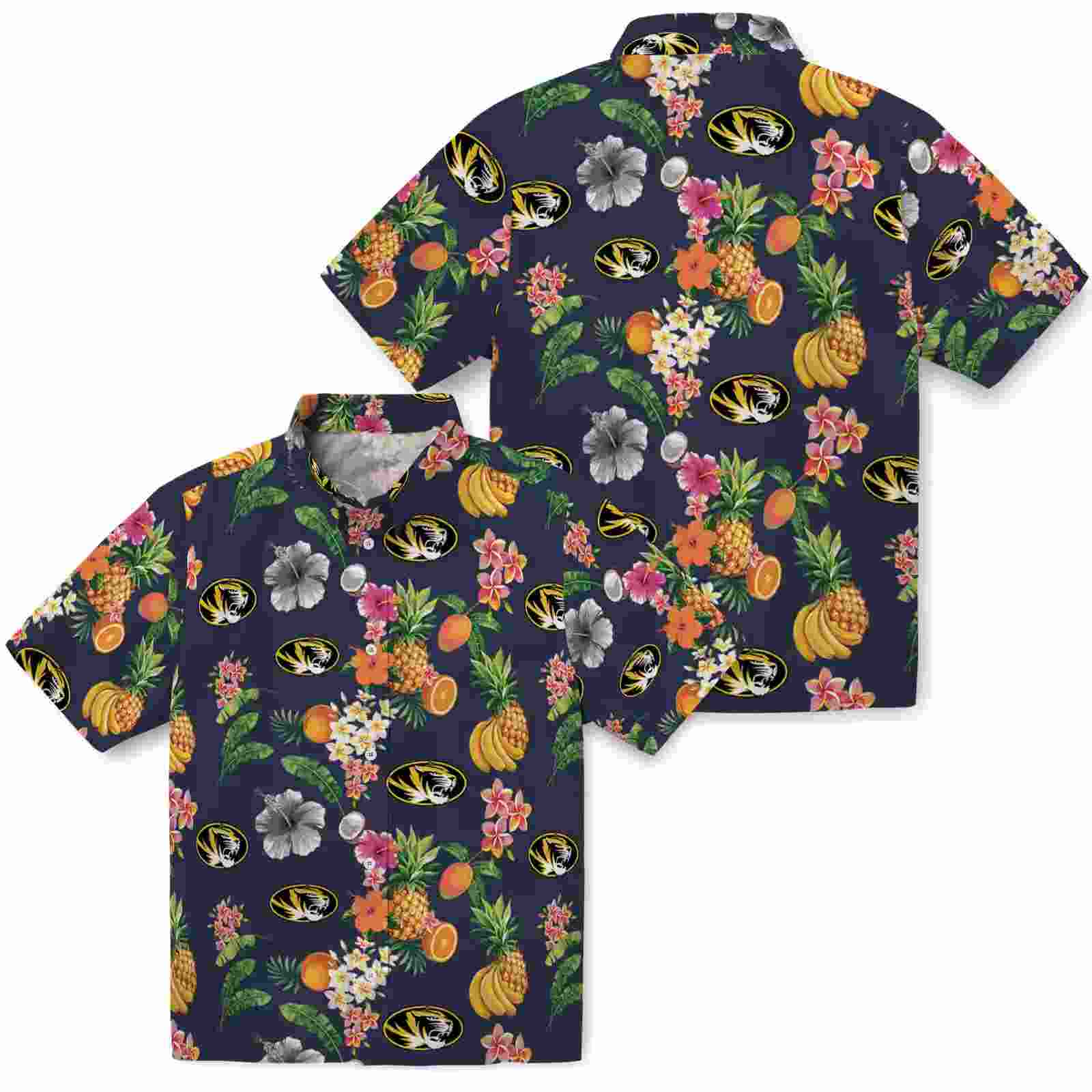 missouri tigers hibiscus and fruit navy blue hawaiian shirt high quality