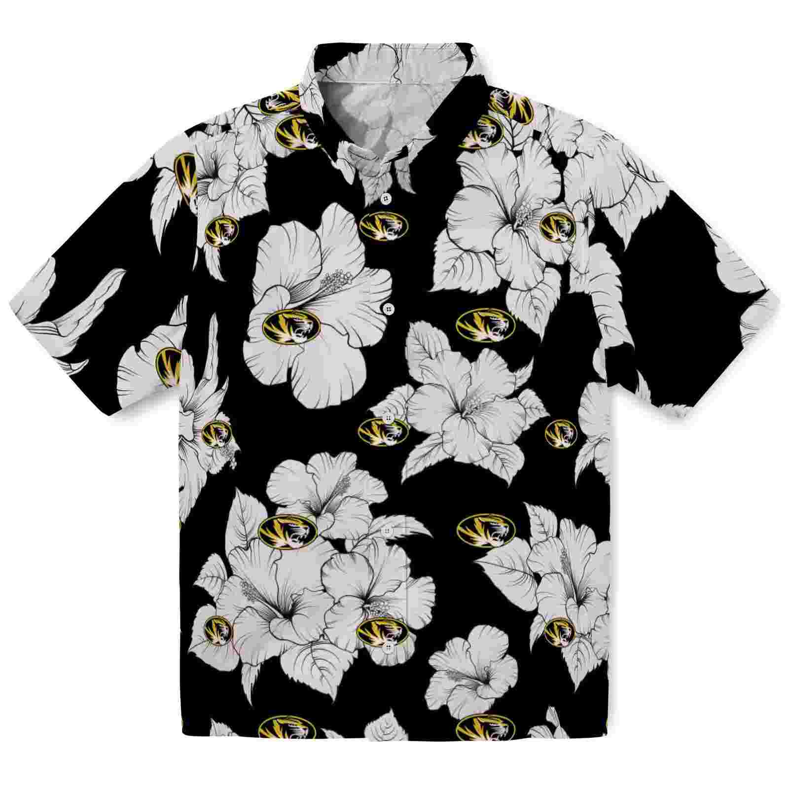 Missouri Tigers Hibiscus Blooms Black White Hawaiian Shirt