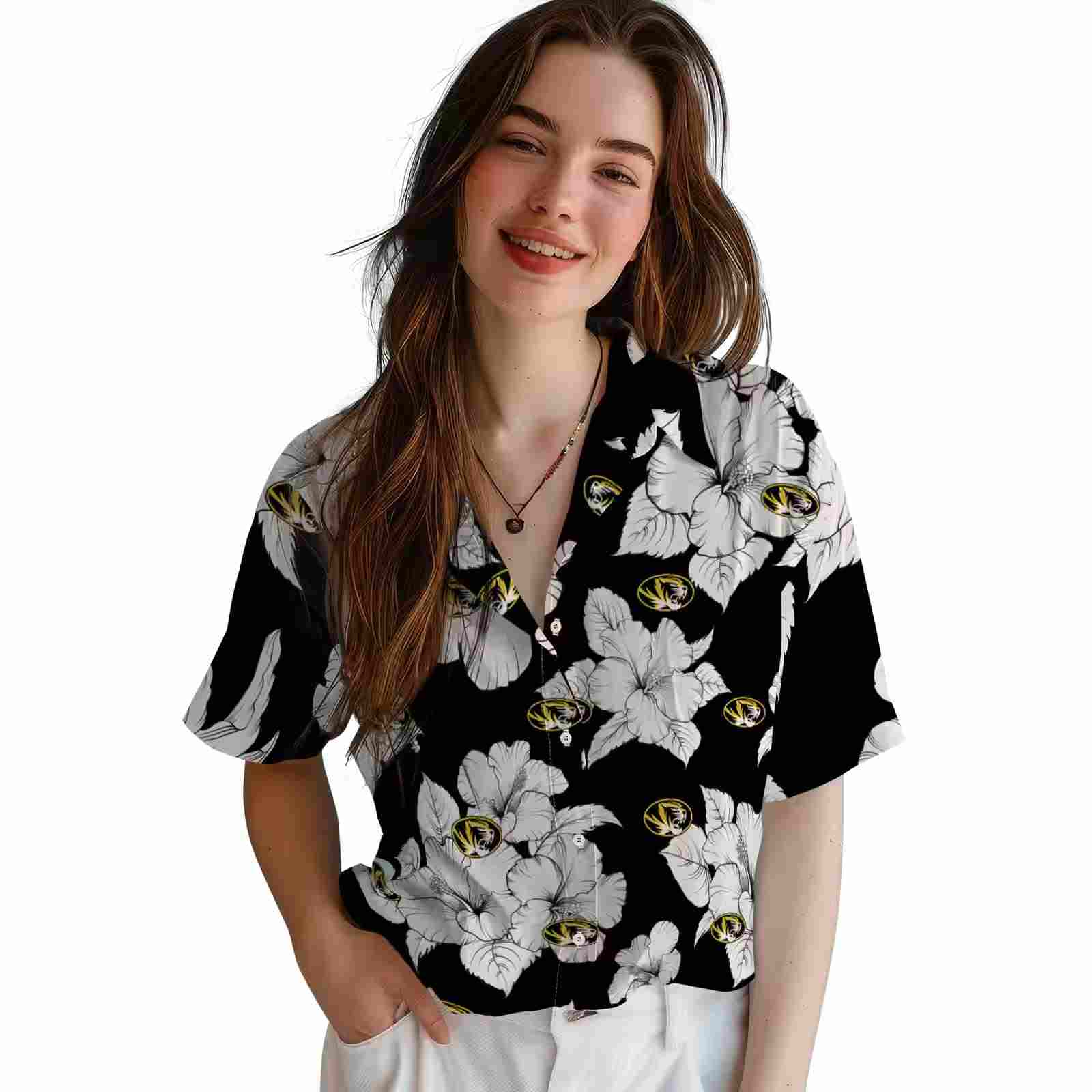 missouri tigers hibiscus blooms black white hawaiian shirt latest model