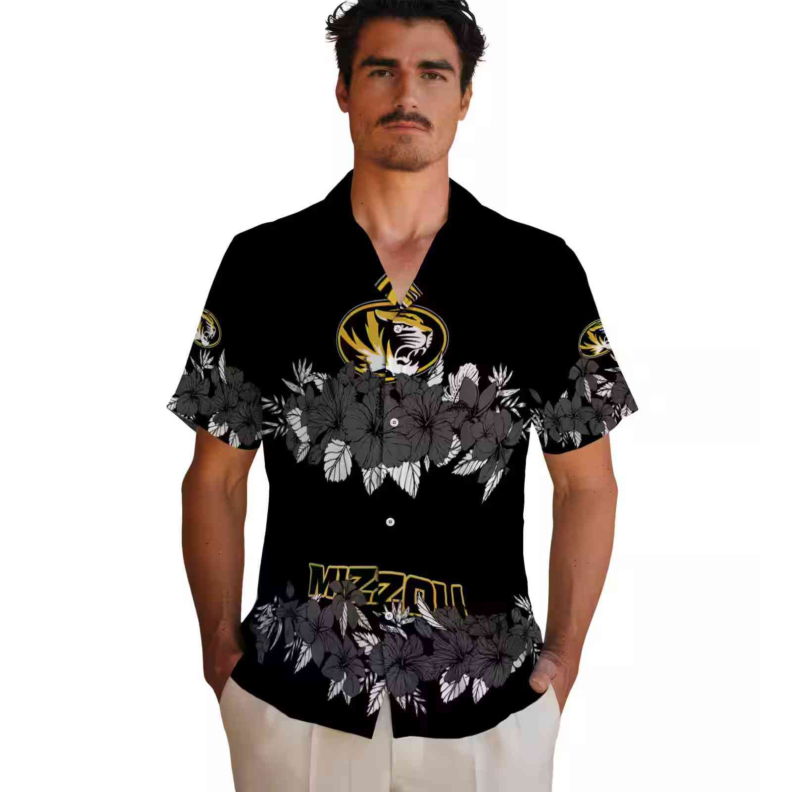 missouri tigers hibiscus stripe black hawaiian shirt fashion forward