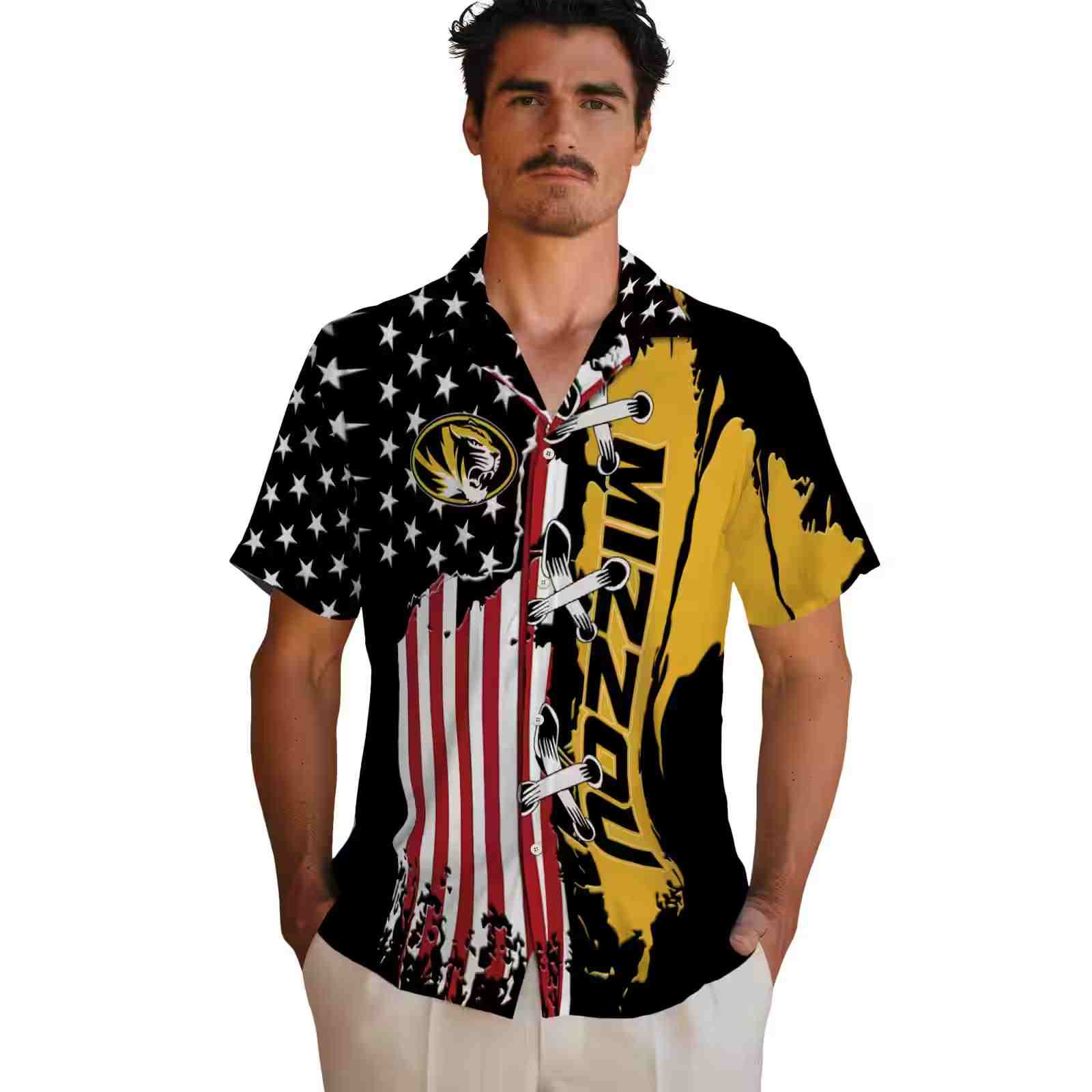 missouri tigers stitched flag black hawaiian shirt fashion forward